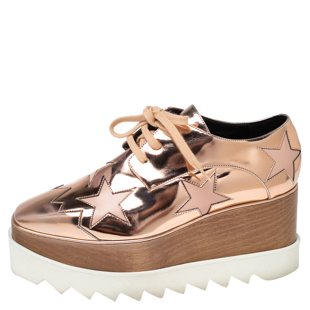 

Stella McCartney Rose Gold Faux Patent and Leather Elyse Star Platform Lace Up Sneakers Size