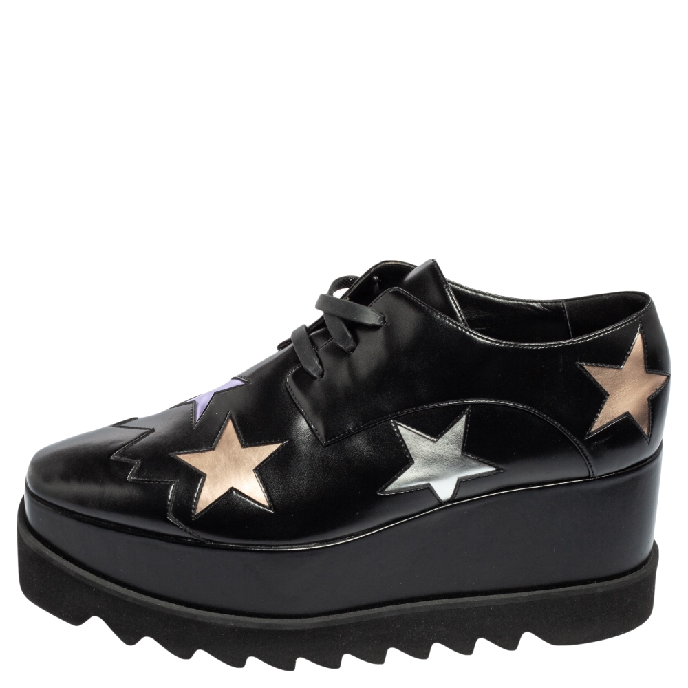 

Stella McCartney Black Faux Leather Elyse Star Platform Lace Up Sneakers Size