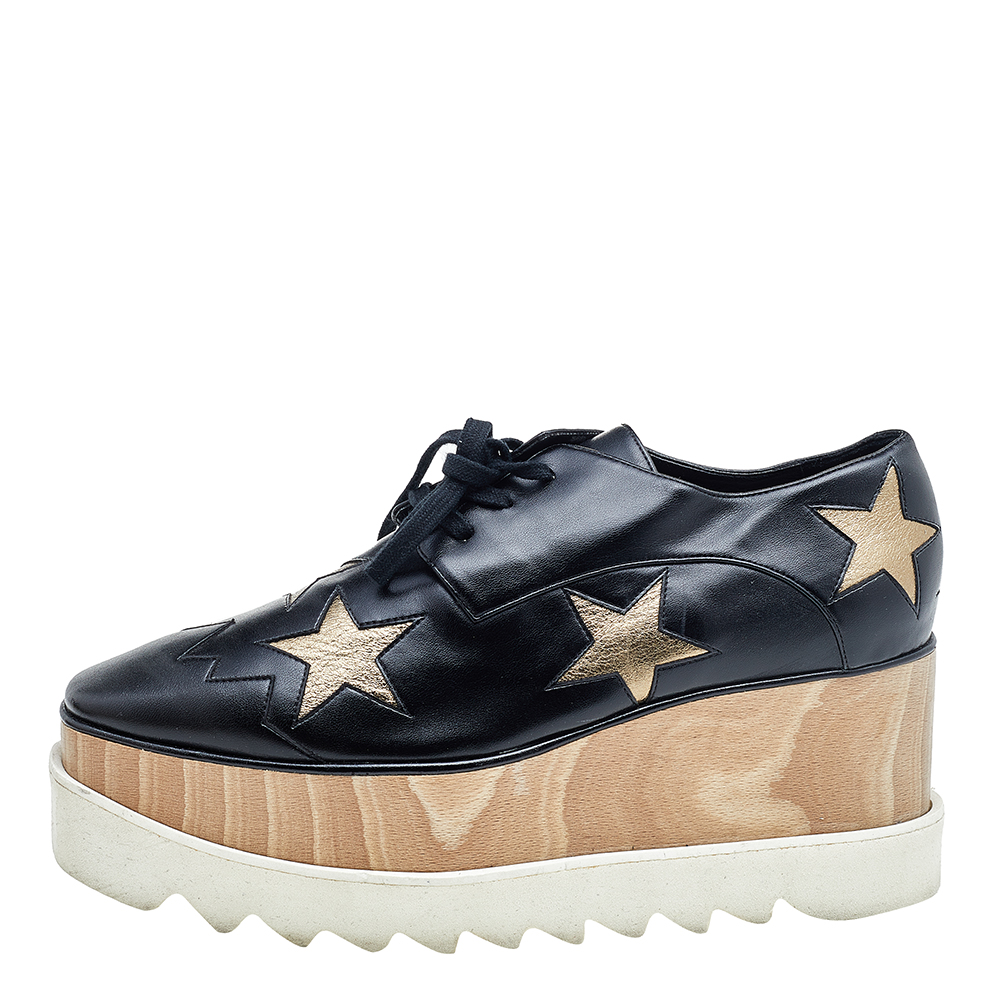 

Stella McCartney Black/Gold Faux Leather Elyse Star Platform Derby Size