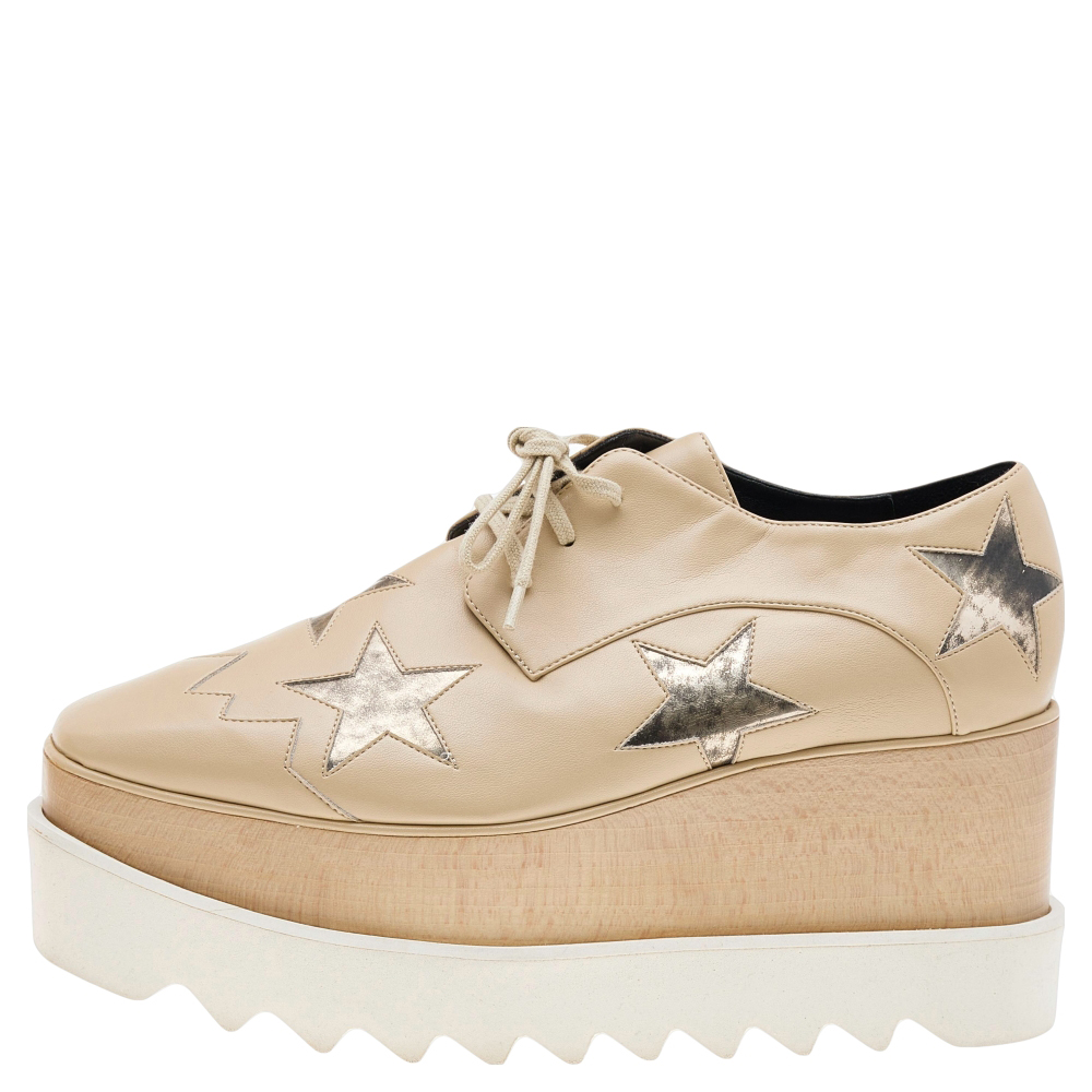 

Stella McCartney Beige Faux Leather Elyse Star Platform Sneakers Size