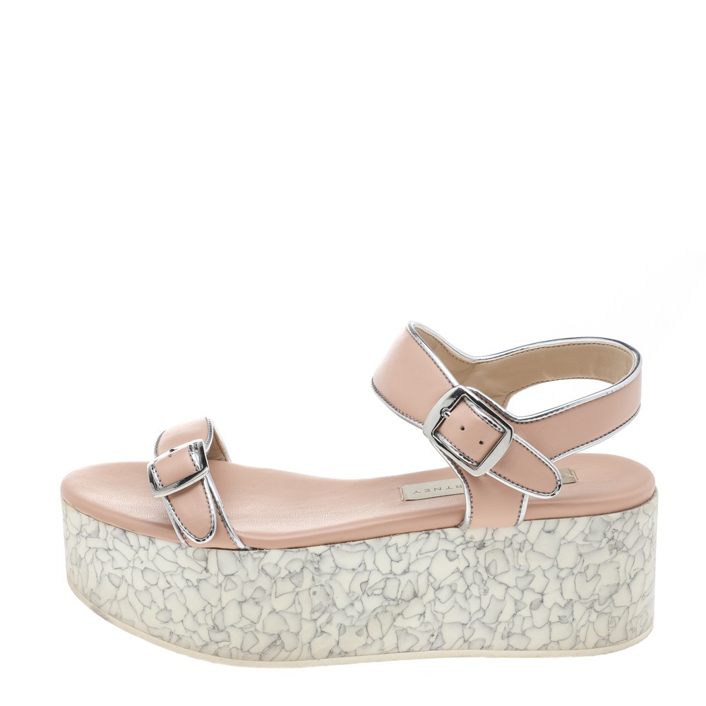 

Stella McCartney Beige Faux Leather Geena Marble Wedge Platform Sandals Size