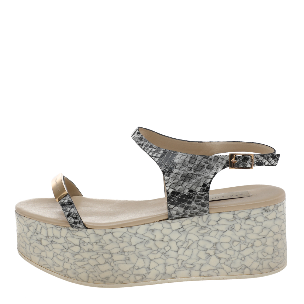 

Stella McCartney Black/White Faux Python Leather Geena Marble Wedge Platform Sandals Size
