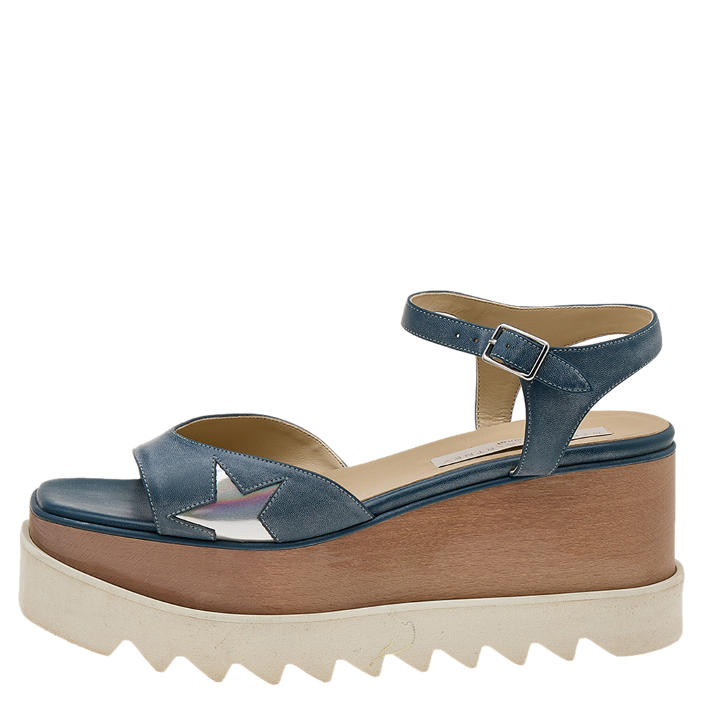 

Stella McCartney Blue Faux Leather Elyse Star Ankle Strap Platform Sandals Size