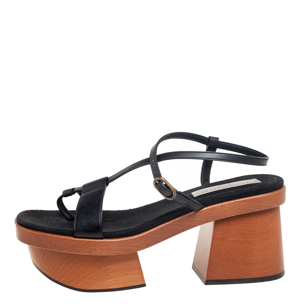 

Stella McCartney Black Faux Leather Wooden Platform Sandals Size