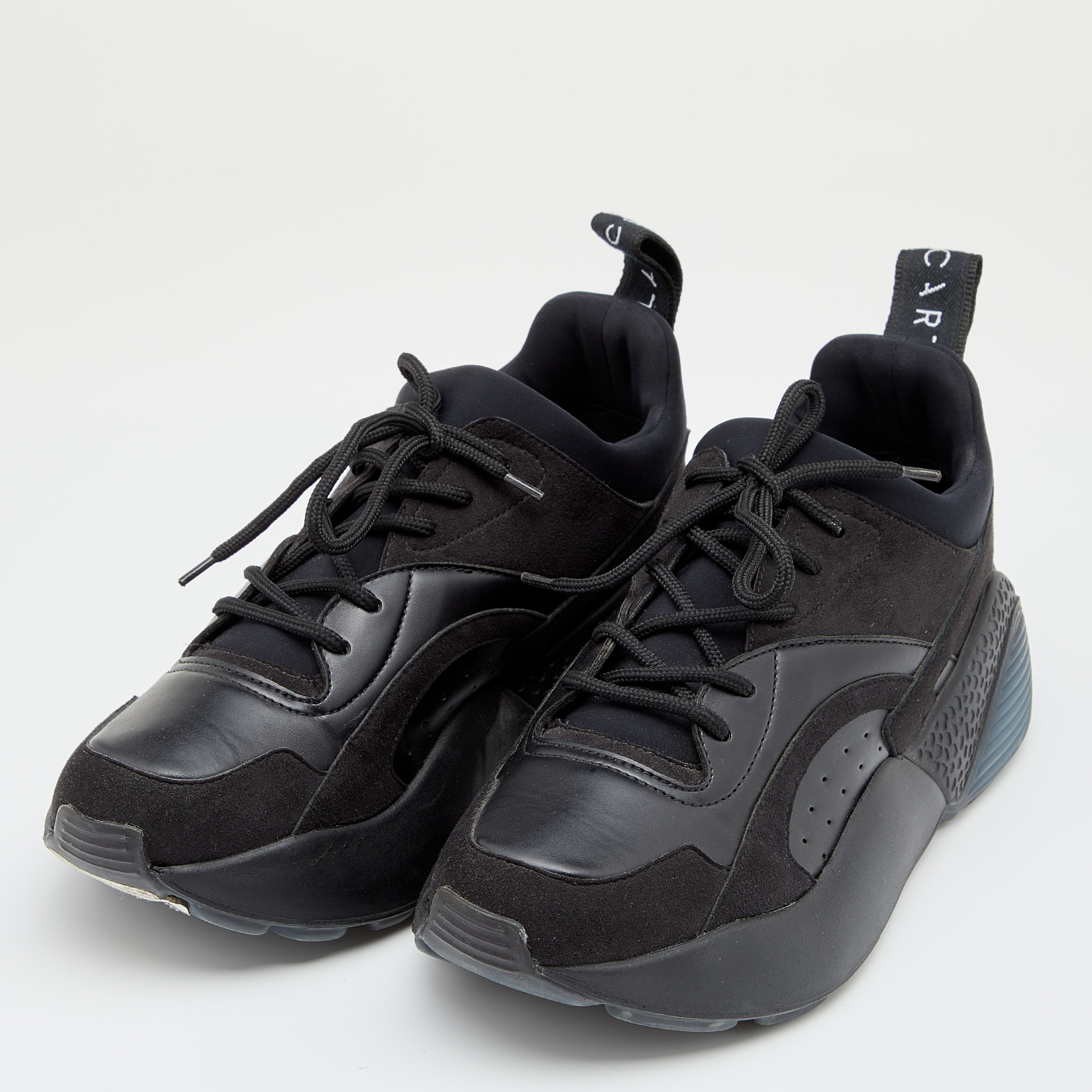 

Stella McCartney Black Neoprene, Faux Leather and Faux Suede Eclypse Chunky Sneakers Size