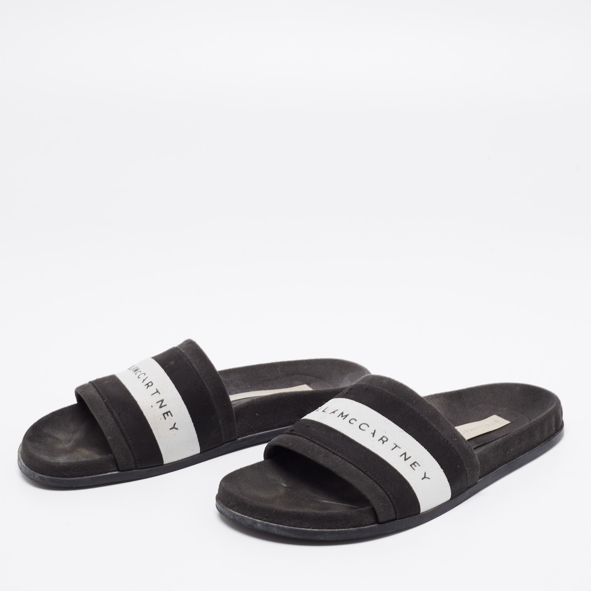 

Stella McCartney Black/White Faux Suede And Canvas Logo Slide Slippers Size