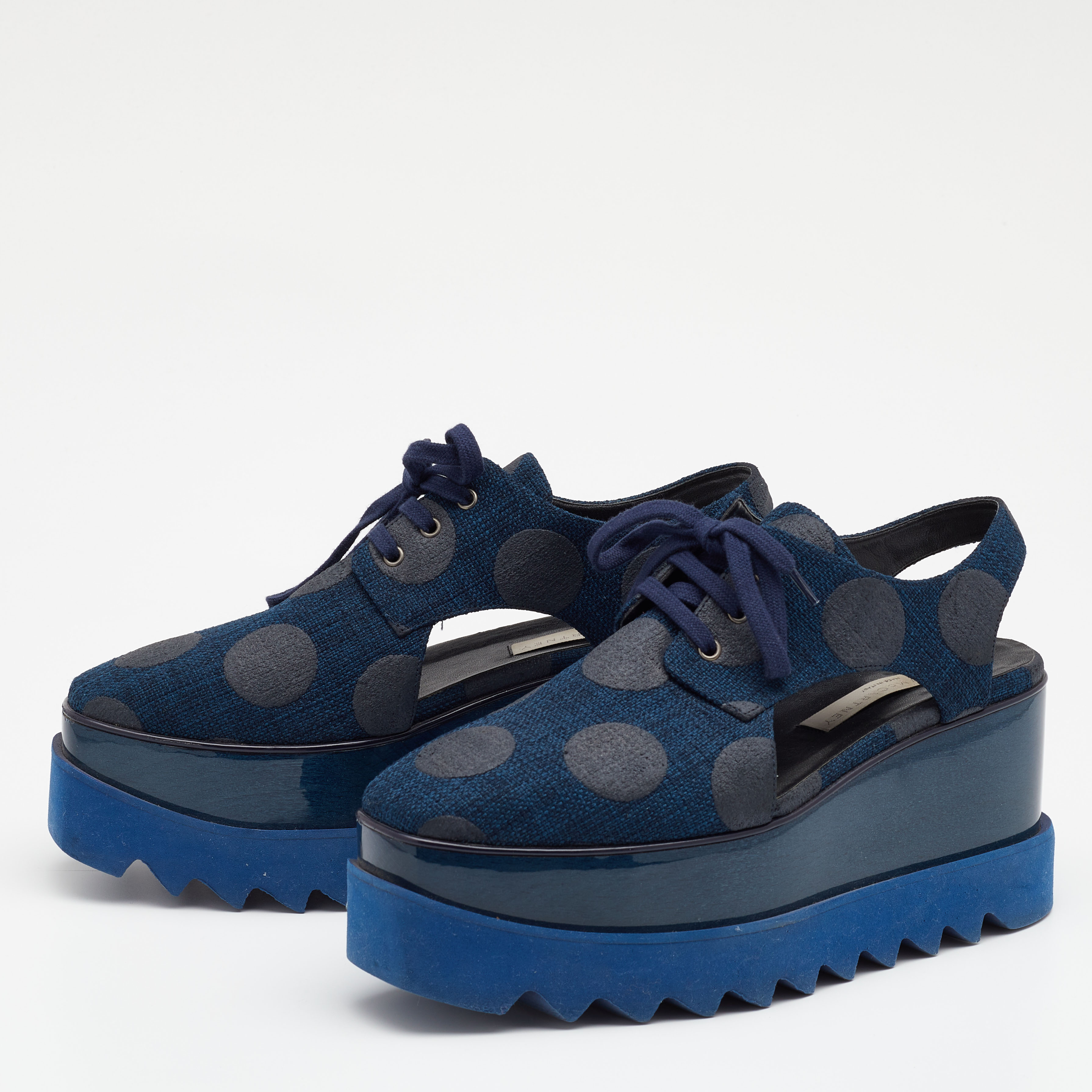 

Stella McCartney Blue Canvas Elyse Cut-Out Platform Derby Sneakers Size