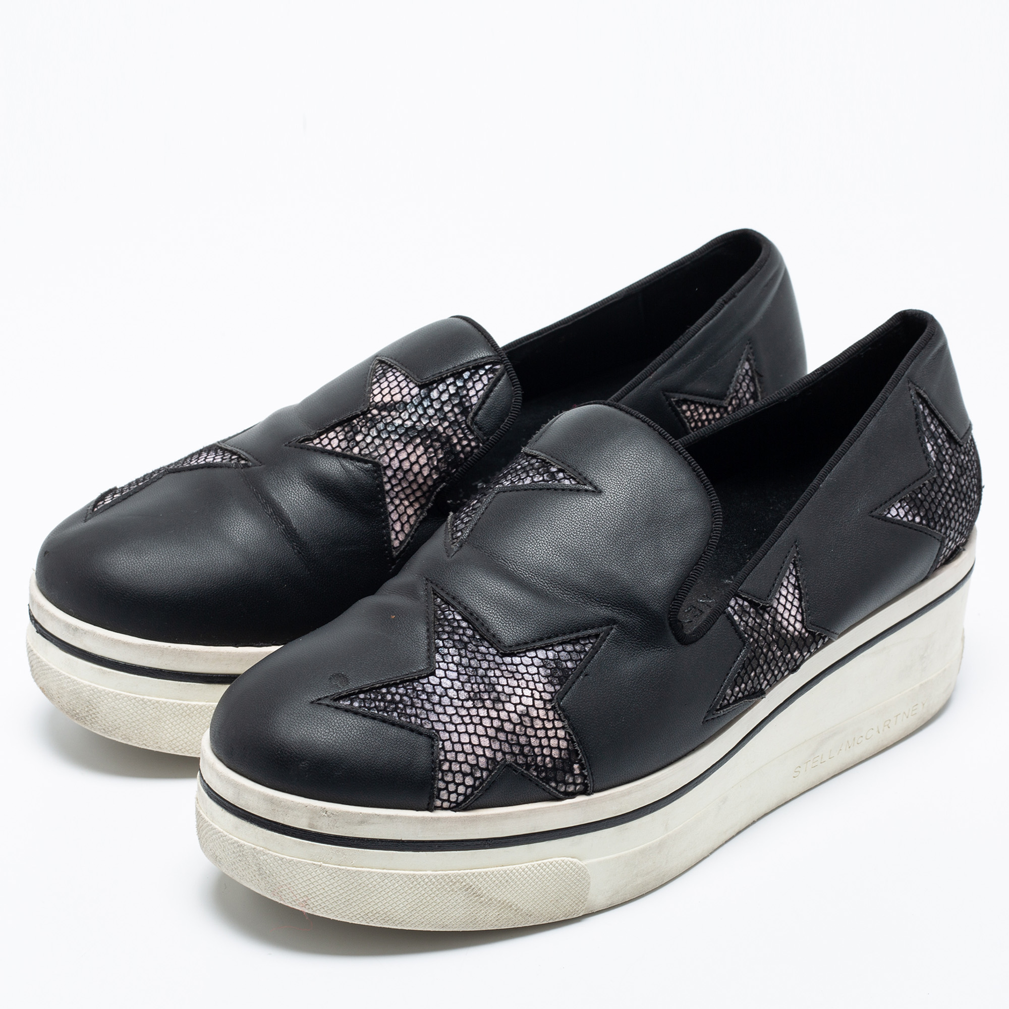 

Stella McCartney Black Faux Leather and Faux Snake Print Binx Star Platform Slip On Sneakers Size