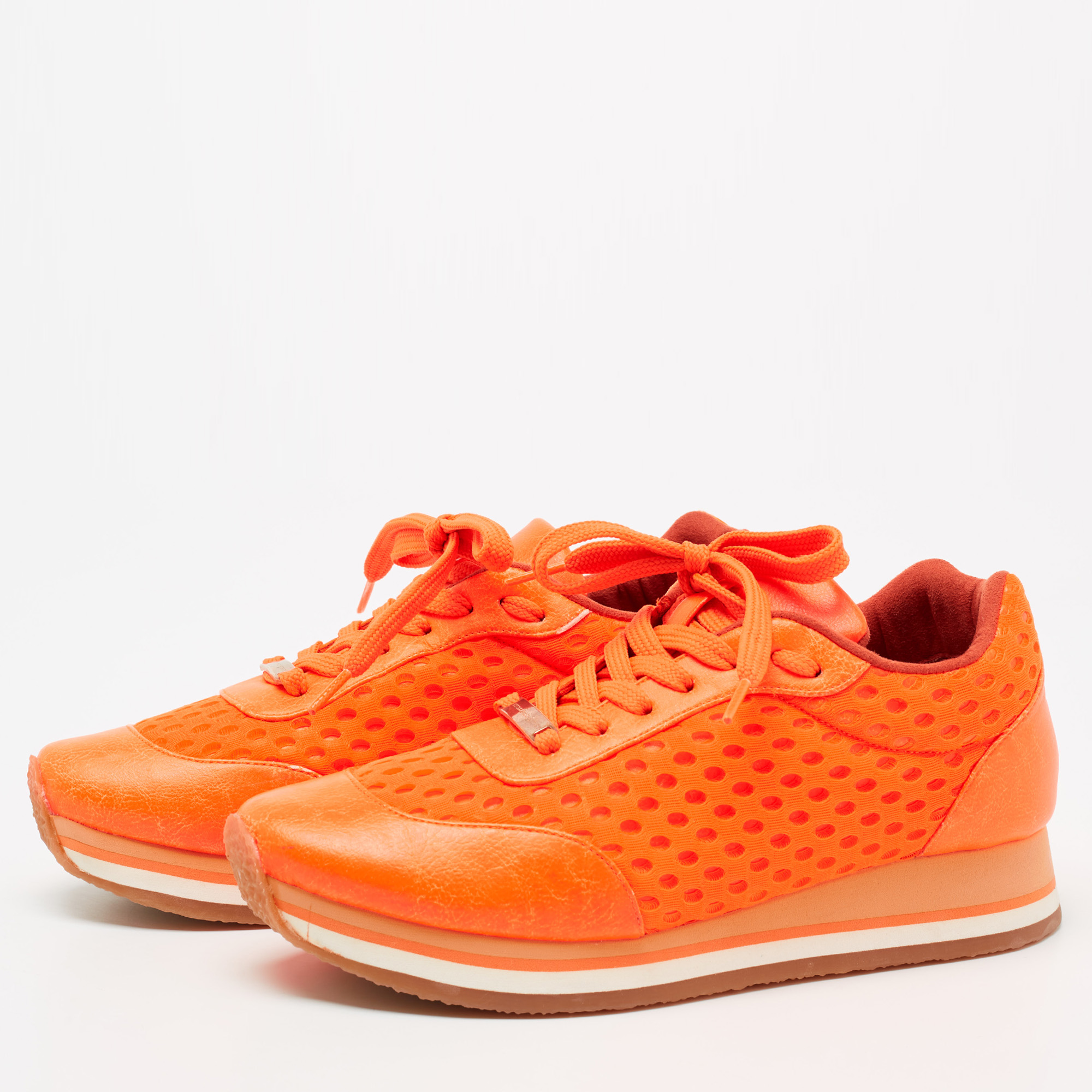 

Stella McCartney Neon Orange Faux Leather and Mesh Low-Top Sneakers Size