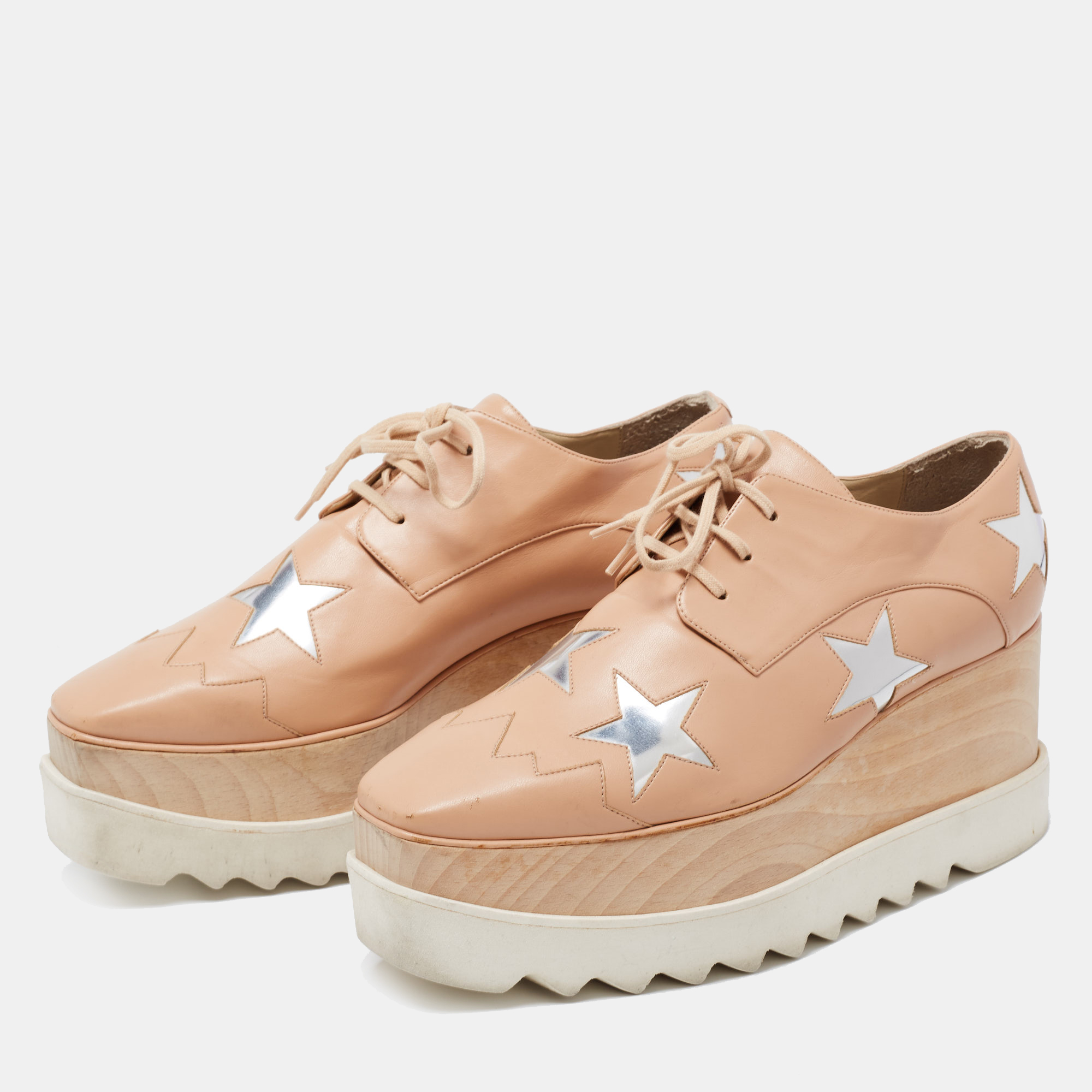 

Stella McCartney Beige Faux Leather Elyse Star Platform Derby Sneakers Size