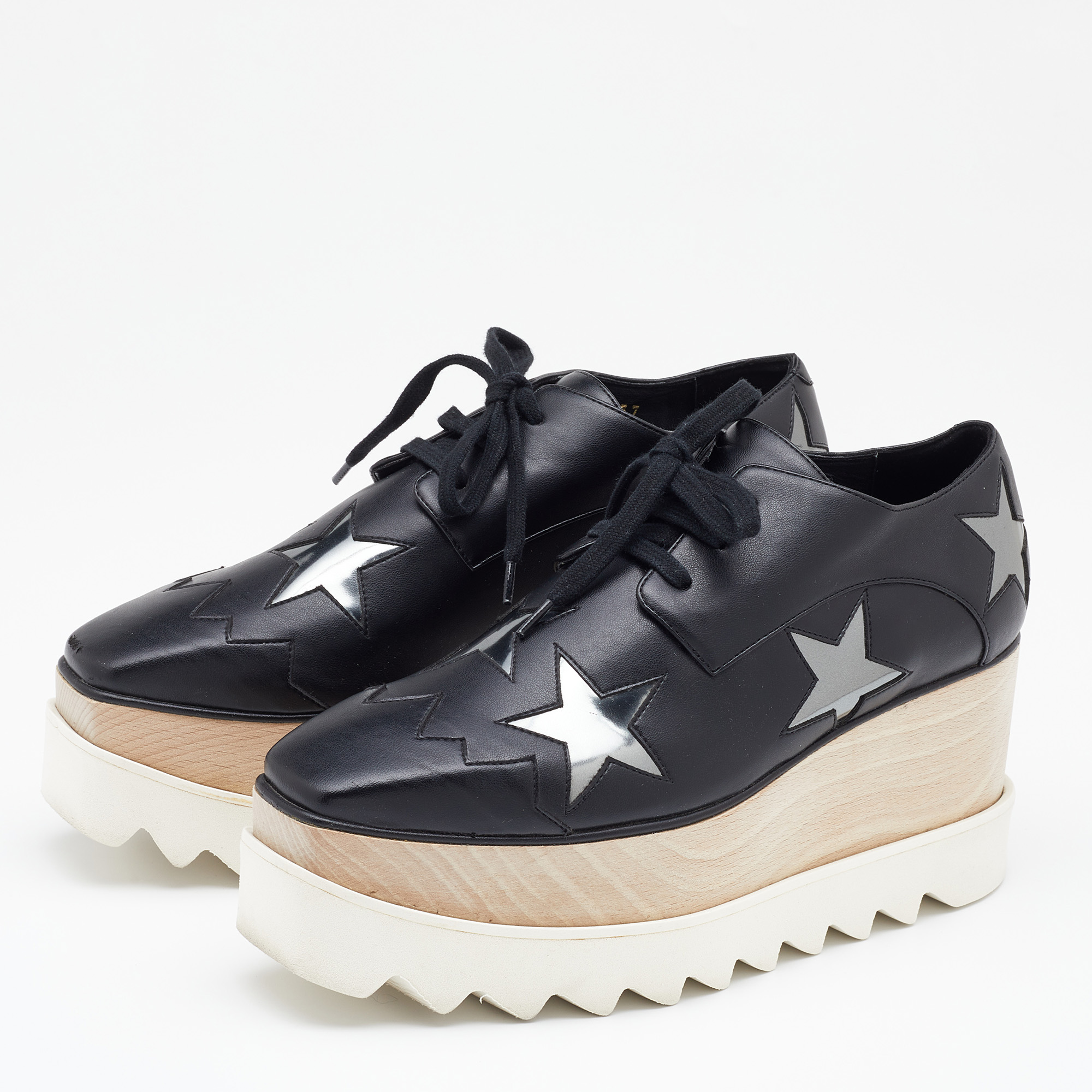

Stella McCartney Black Faux Leather Elyse Star Platform Derby Sneakers Size
