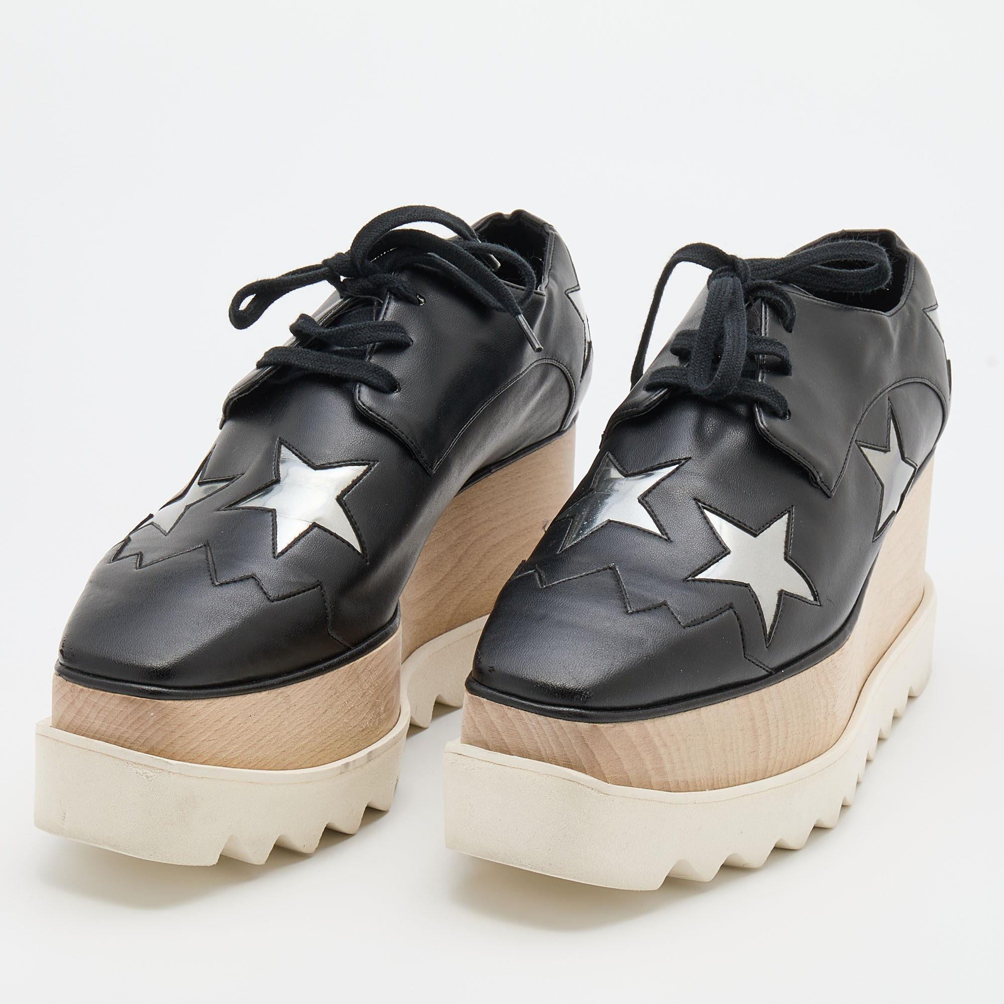 

Stella McCartney Black Faux Leather Elyse Star Derby Sneakers Size