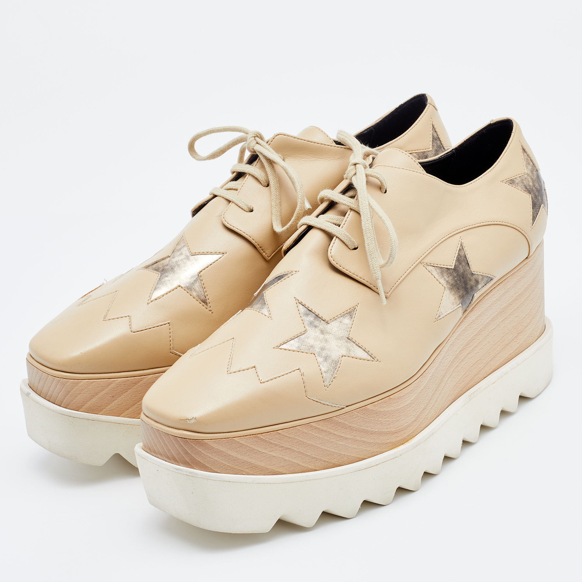 

Stella McCartney Beige Faux Leather Elyse Star Platform Derby Sneakers Size