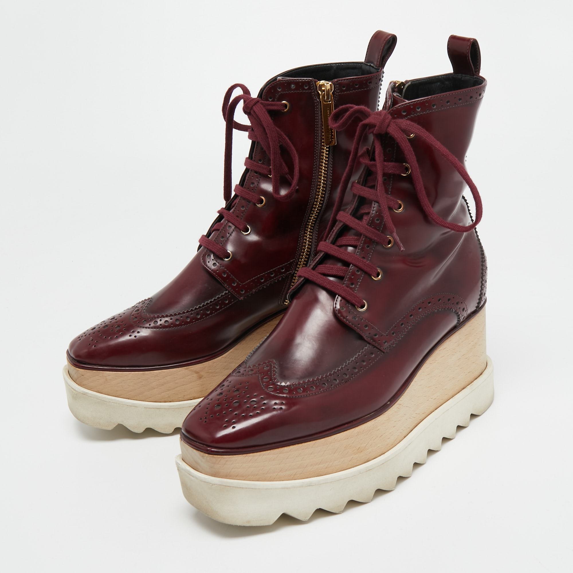 

Stella McCartney Burgundy Brogue Faux Leather Elyse Platform Ankle Boots Size