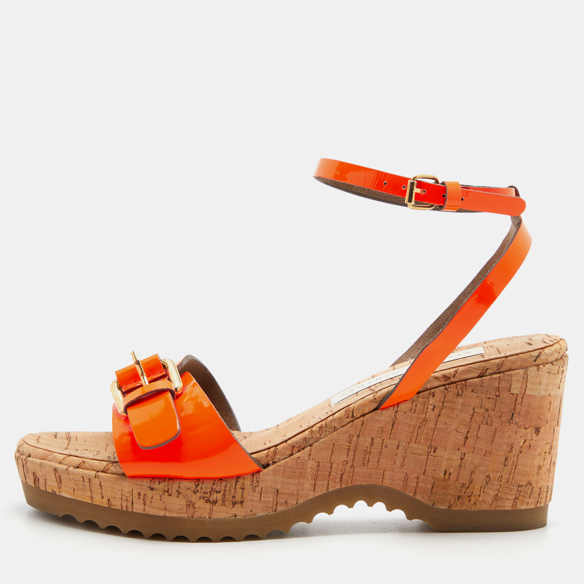 

Stella McCartney Neon Orange Faux Patent Leather Cork Platform Wedge Ankle Strap Sandals Size