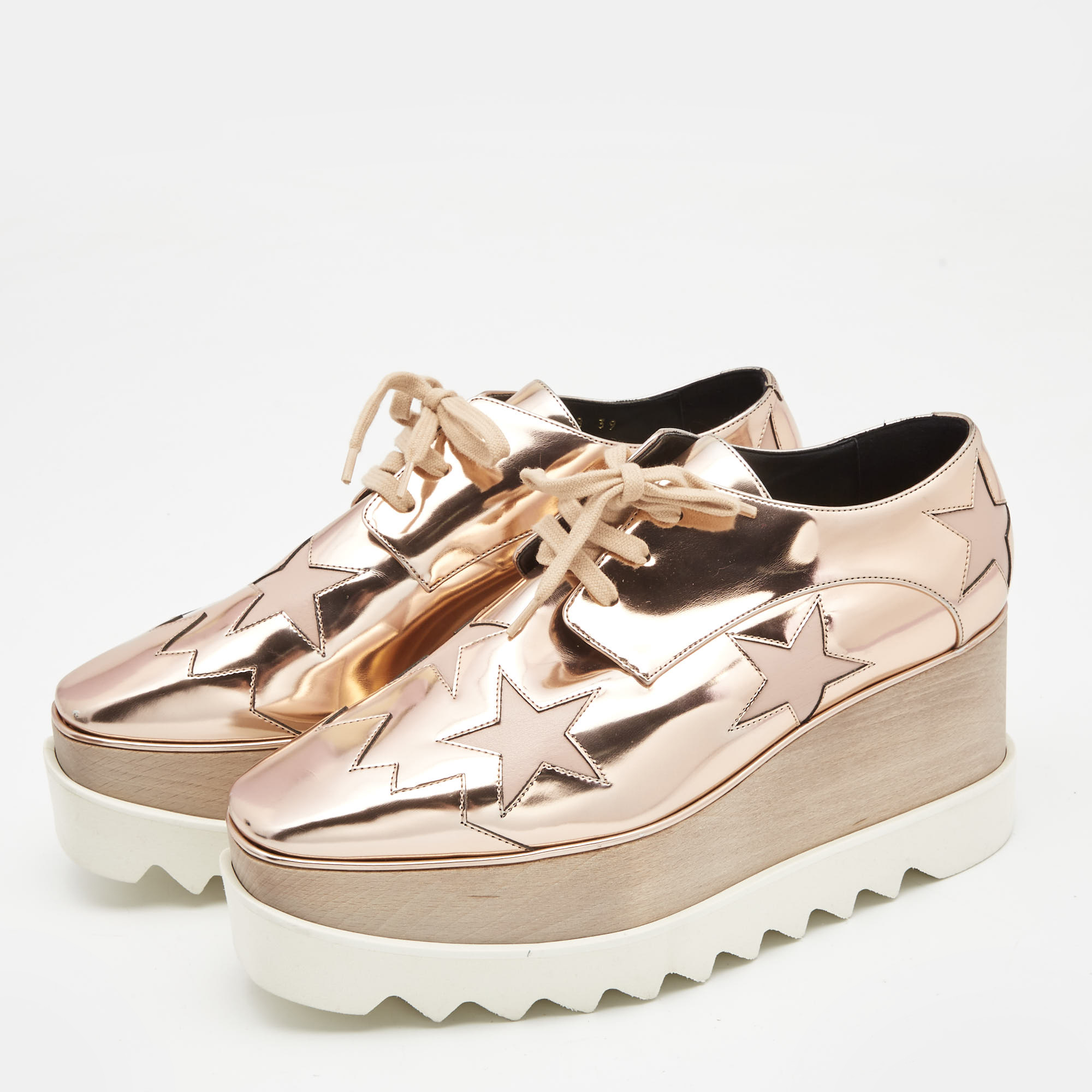 

Stella McCartney Metallic Pink Faux Leather and Wood Elyse Star Platform Derby Sneakers Size