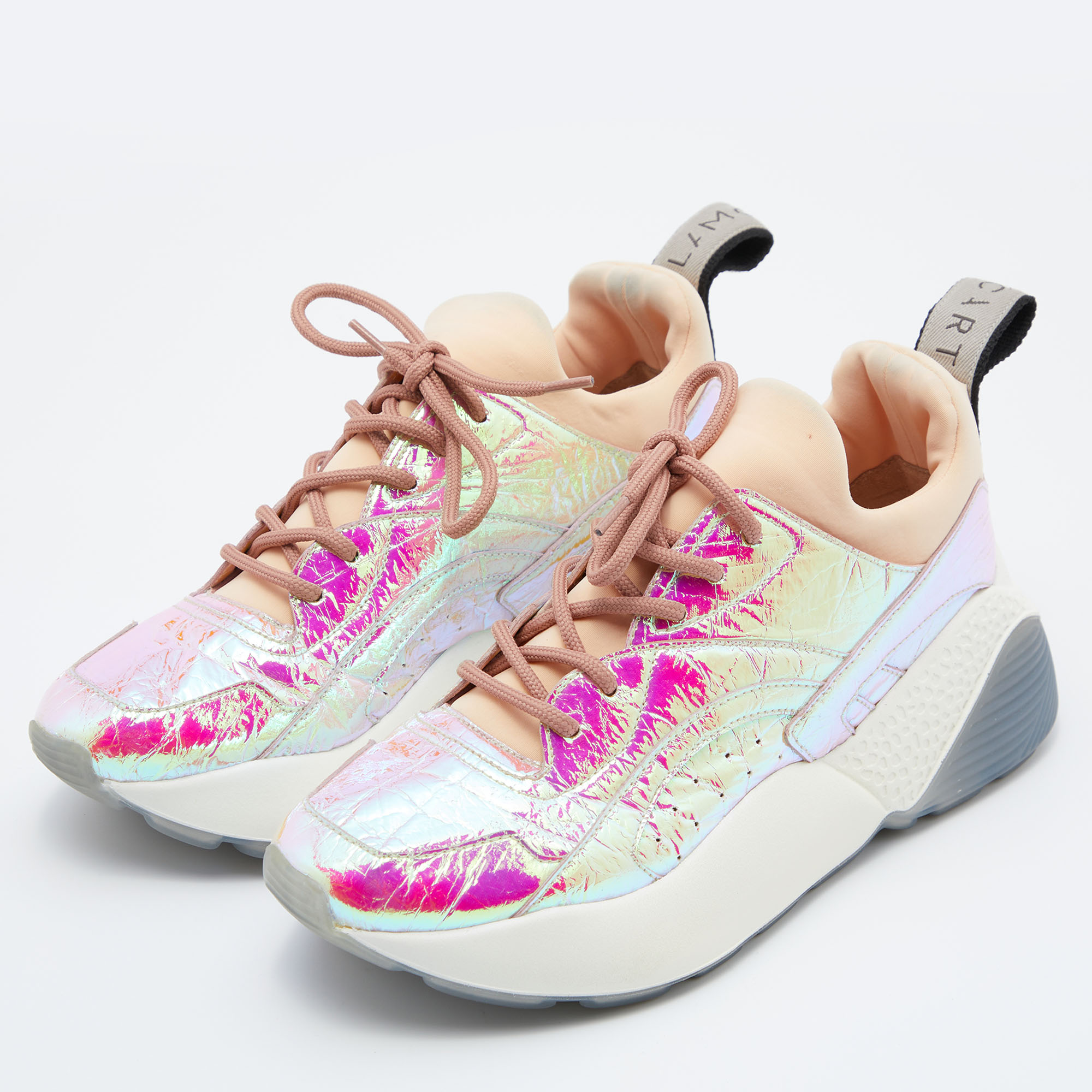 

Stella McCartney Multicolor Holographic Faux Leather and Neoprene Sneakers Size