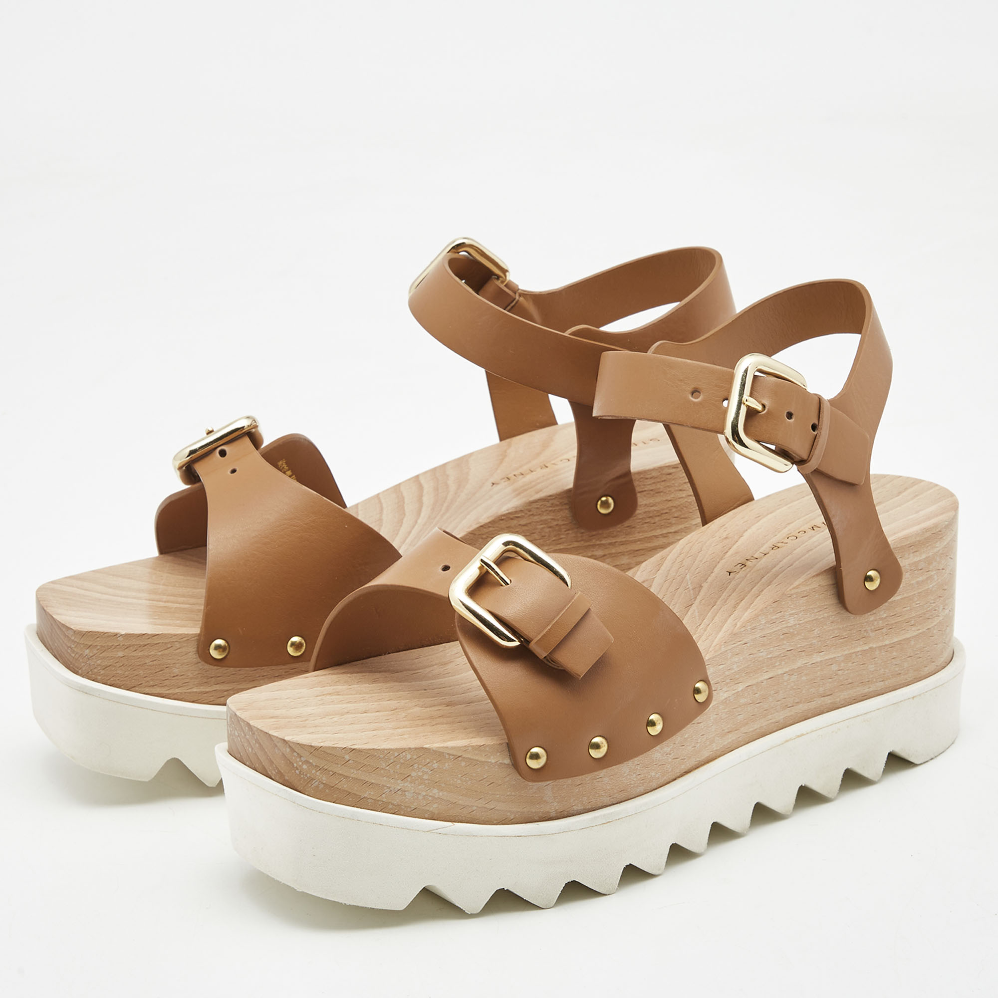

Stella McCartney Tan Faux Leather Elyse Buckle Platform Ankle Strap Sandals Size