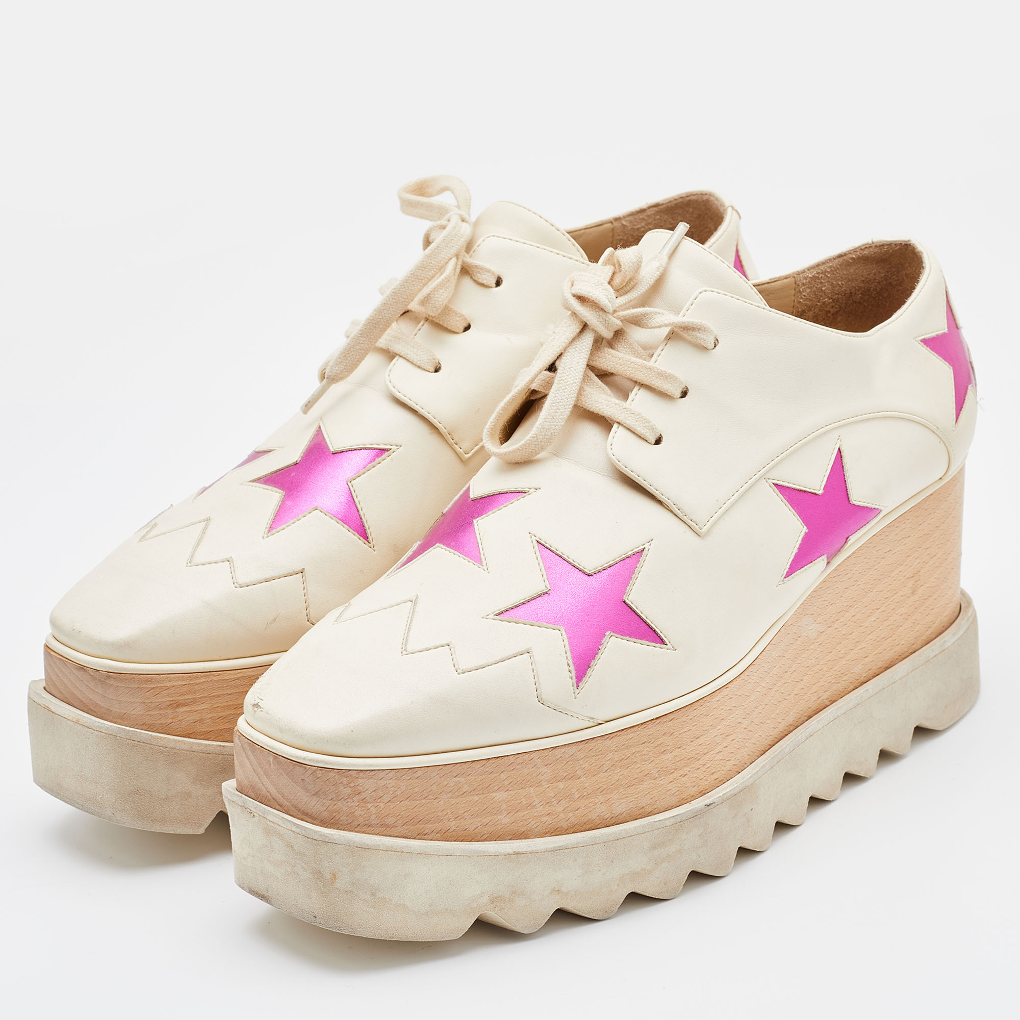 

Stella McCartney Beige/Pink Faux Leather Elyse Star Platform Derby Sneakers Size