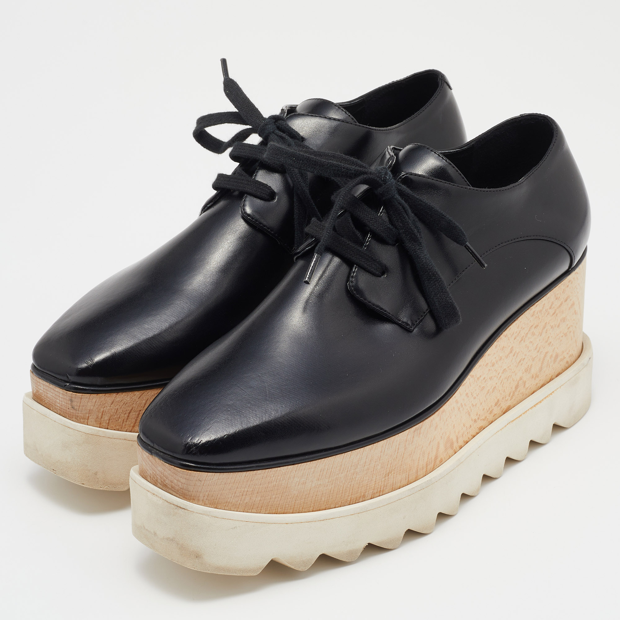 

Stella McCartney Black Woven Faux Leather Elyse Platform Derby Sneakers Size