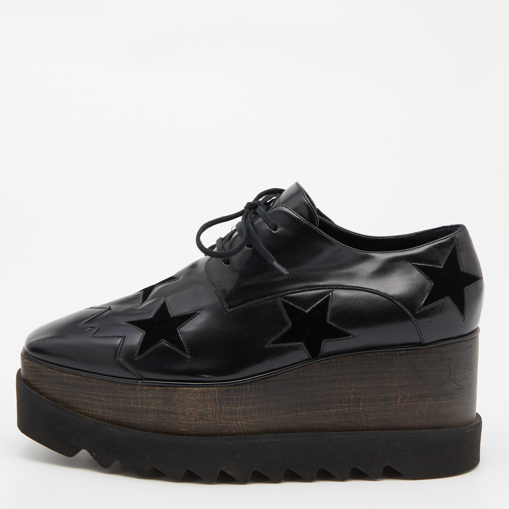 

Stella McCartney Black Faux Leather and Wood Elyse Star Platform Derby Sneakers Size