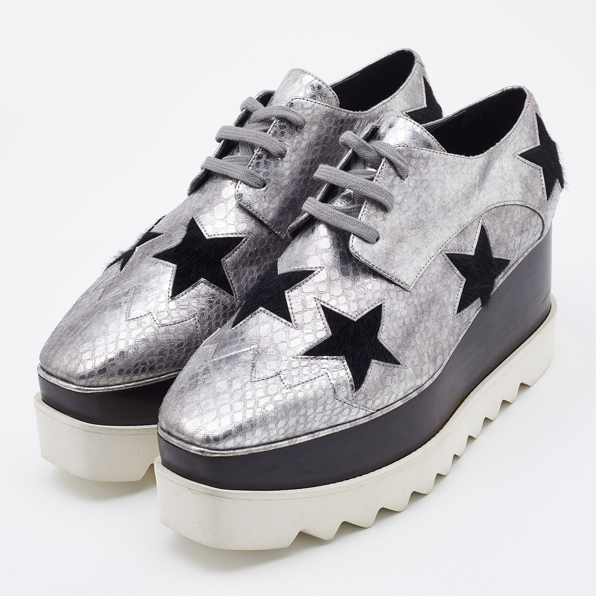 

Stella McCartney Silver/Black Snakeskin Embossed Leather and Calfhair Elyse Star Platform Derby Size