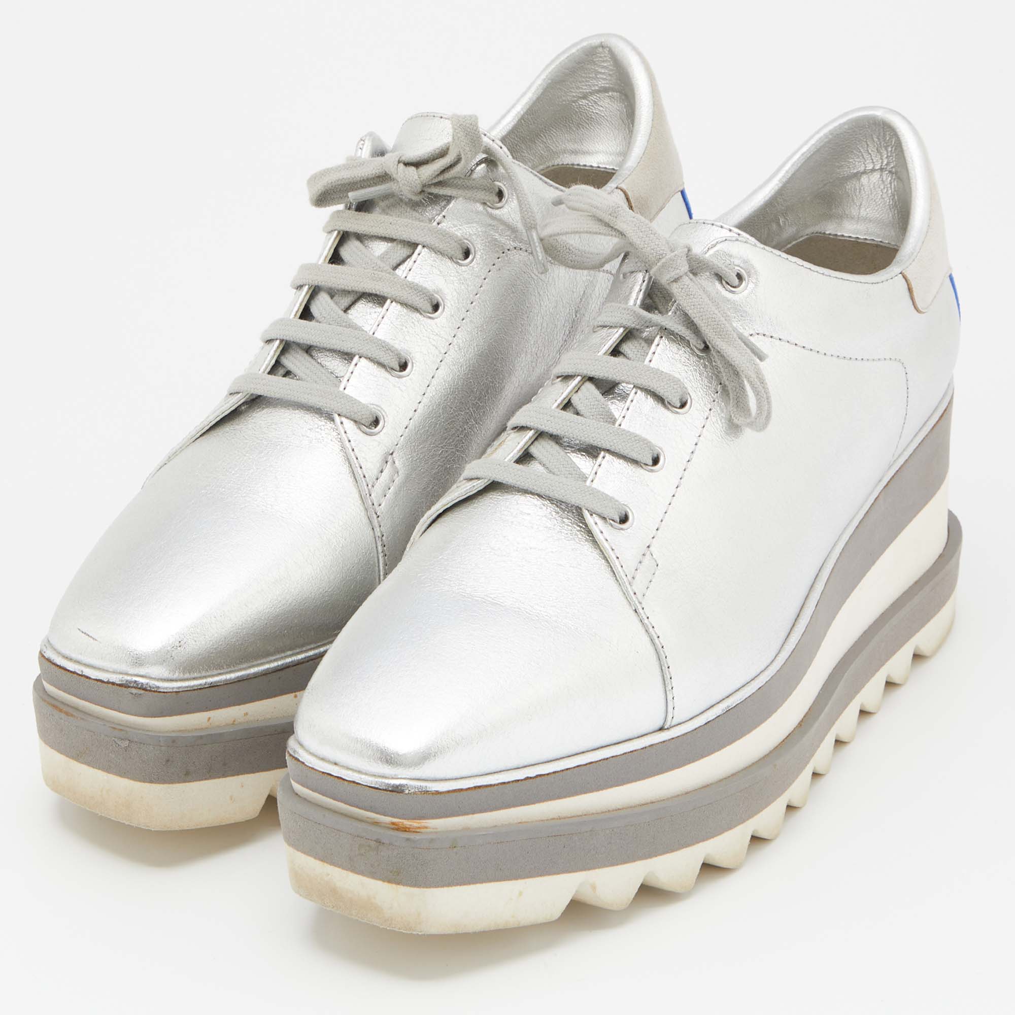 

Stella McCartney Metallic Silver Faux Leather and Faux Suede Elyse Sneakers Size