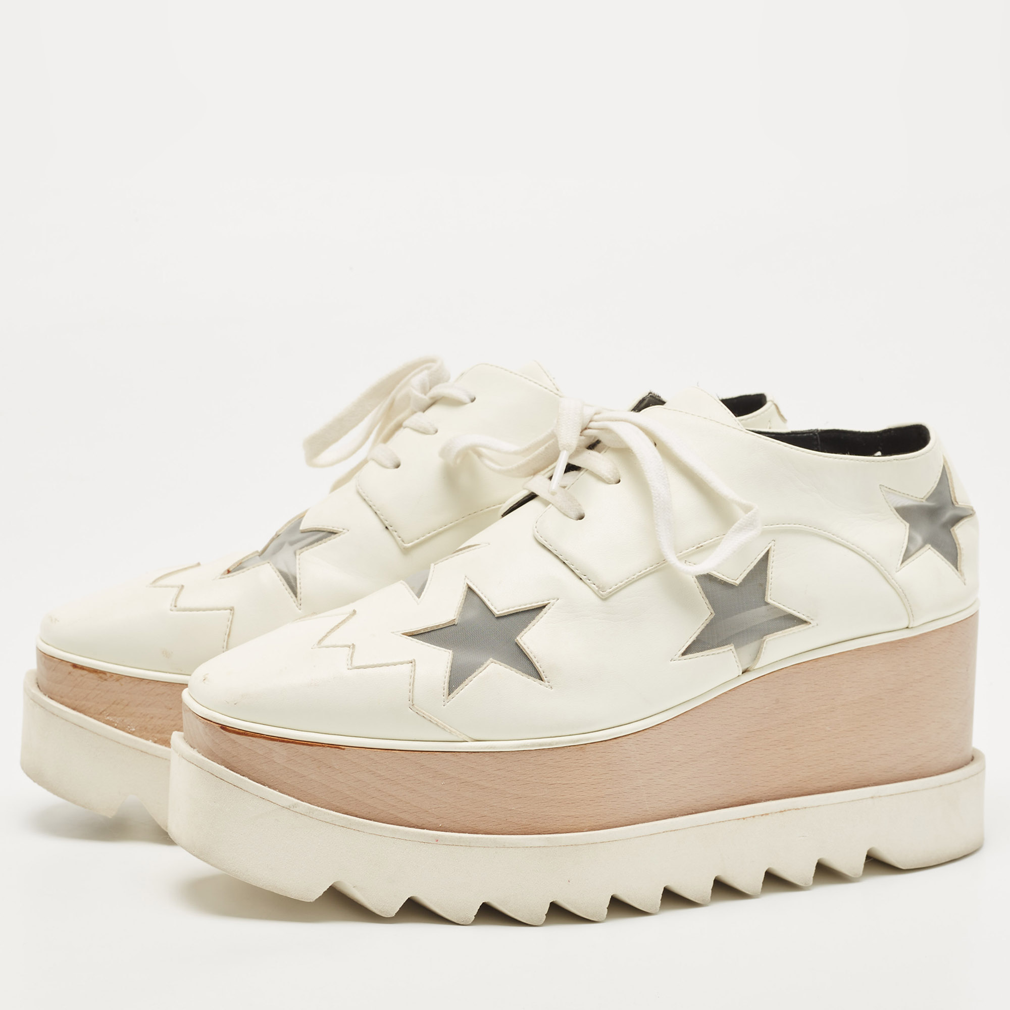 

Stella McCartney White Faux Leather and Mesh Elyse Star Platform Derby Sneakers Size