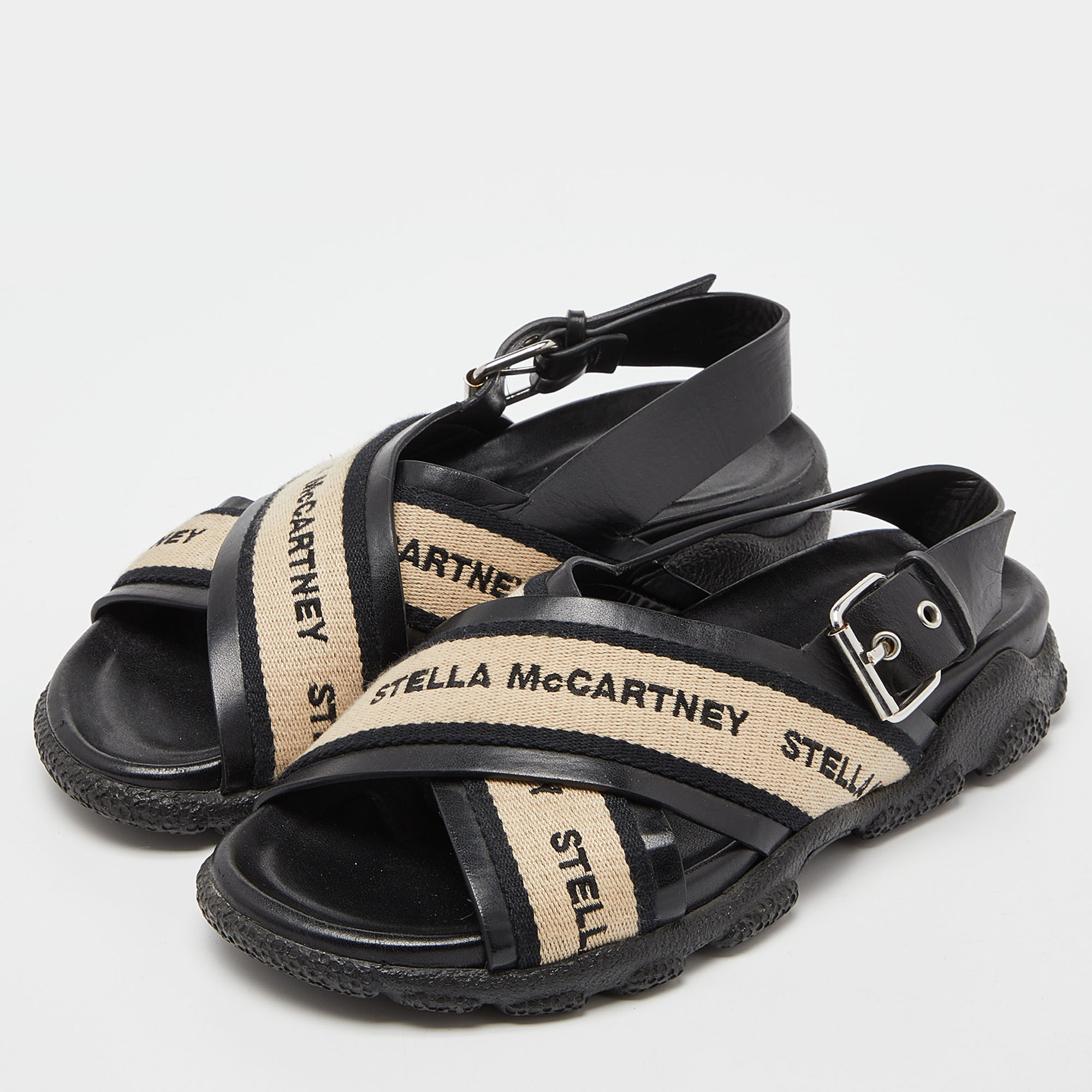 

Stella McCartney Black/Beige Faux Leather and Canvas Crossover Flat Sandals Size