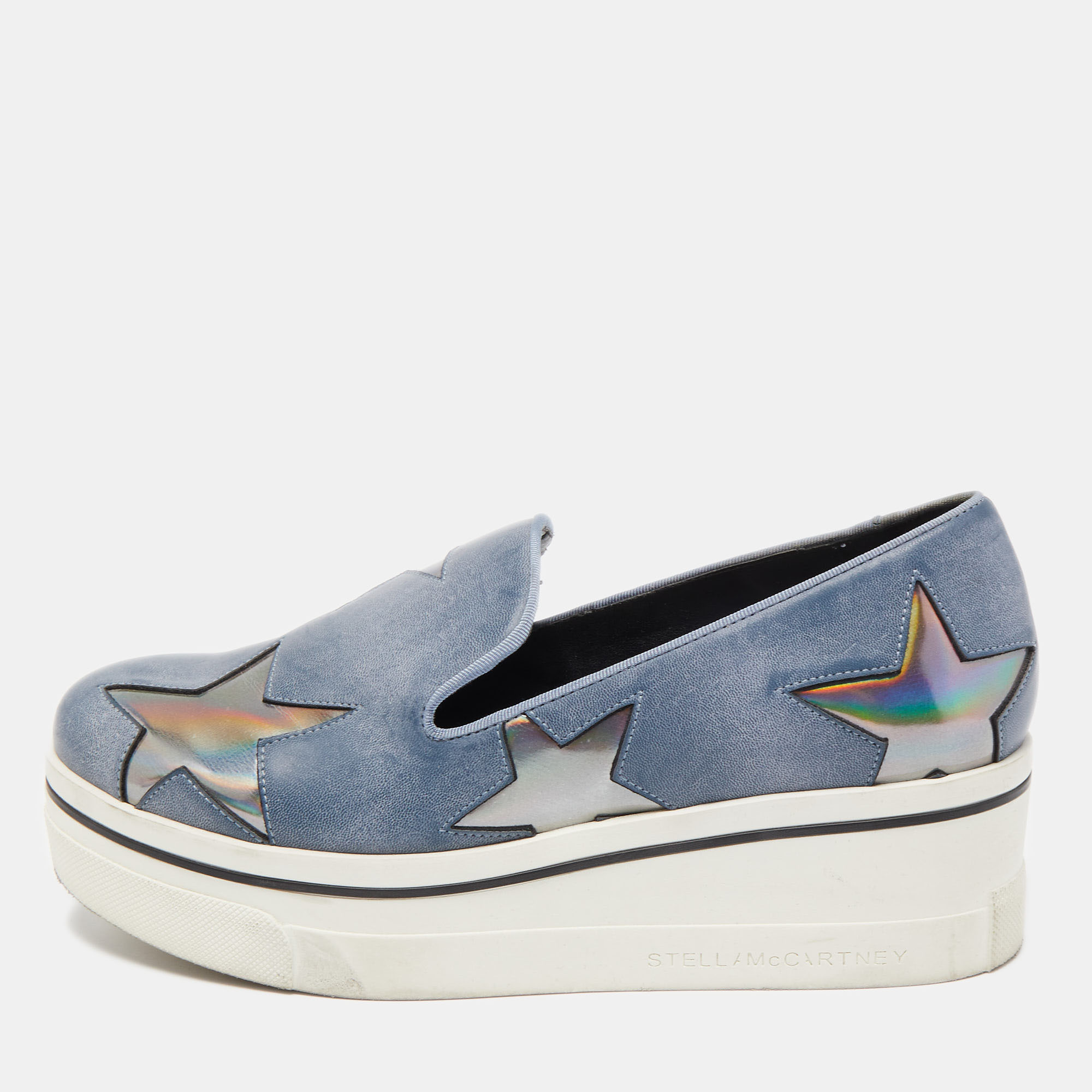 Pre-owned Stella Mccartney Blue Faux Leather Binx Star Trainers Size 36