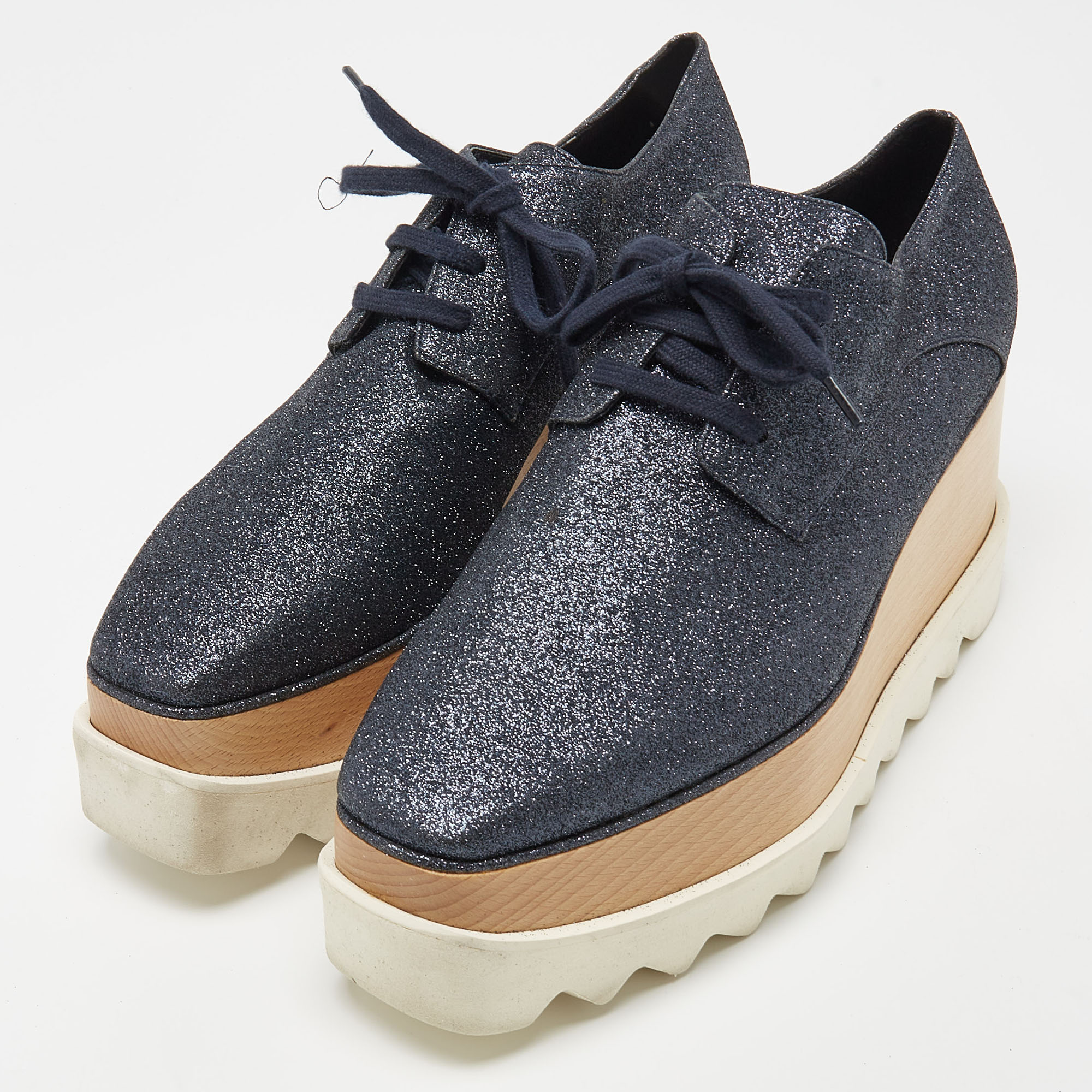 

Stella McCartney Navy Blue Glitter Elyse Platform Derby Sneakers Size