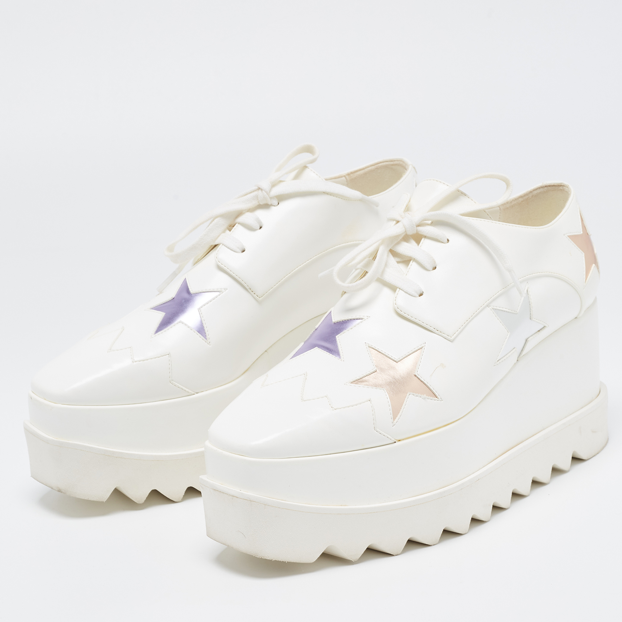 

Stella McCartney White Faux Leather Elyse Star Platform Derby Sneakers Size