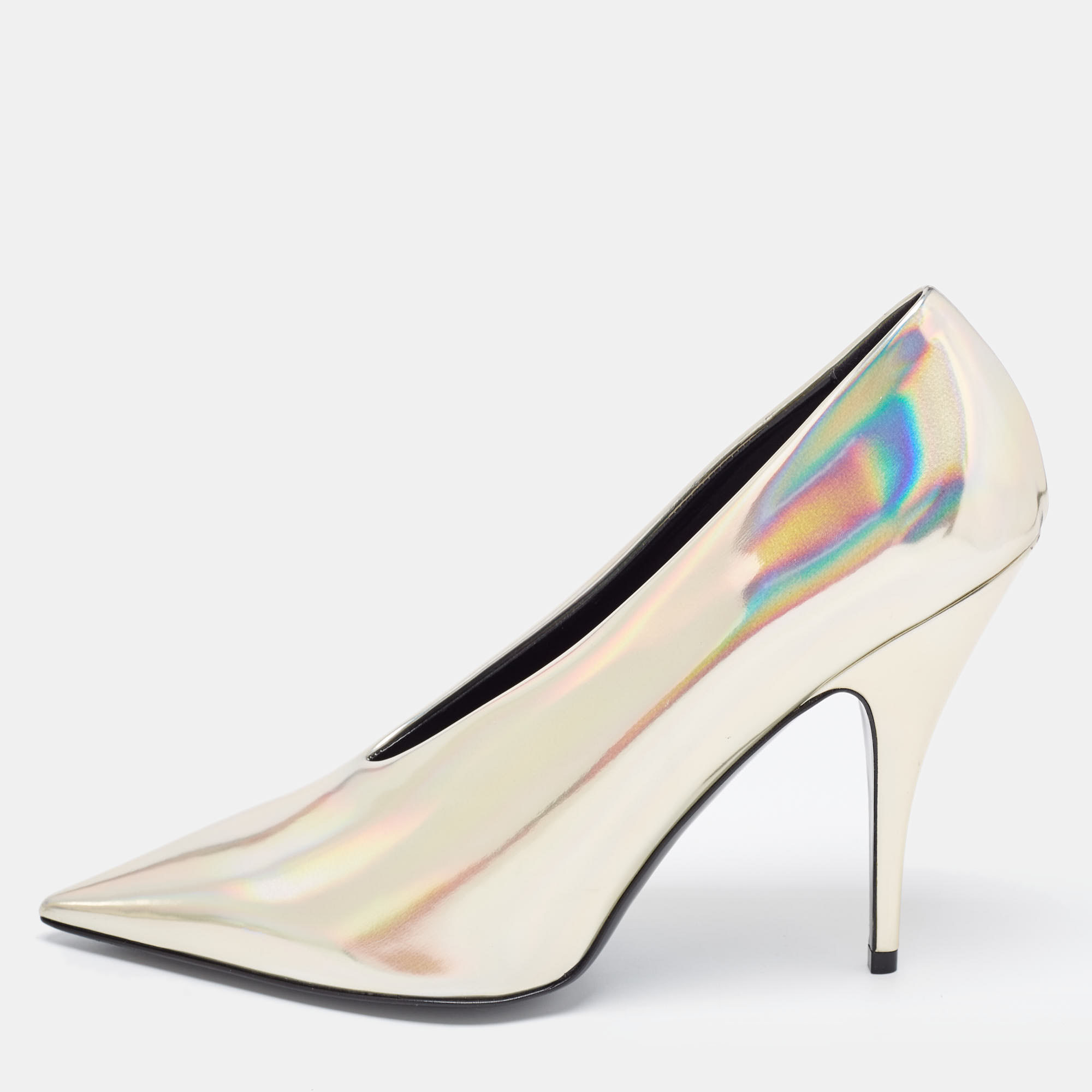 Pre-owned Stella Mccartney Iridescent Faux Patent Leather V Neck Pointed Toe Pumps Size 40.5 In Multicolor