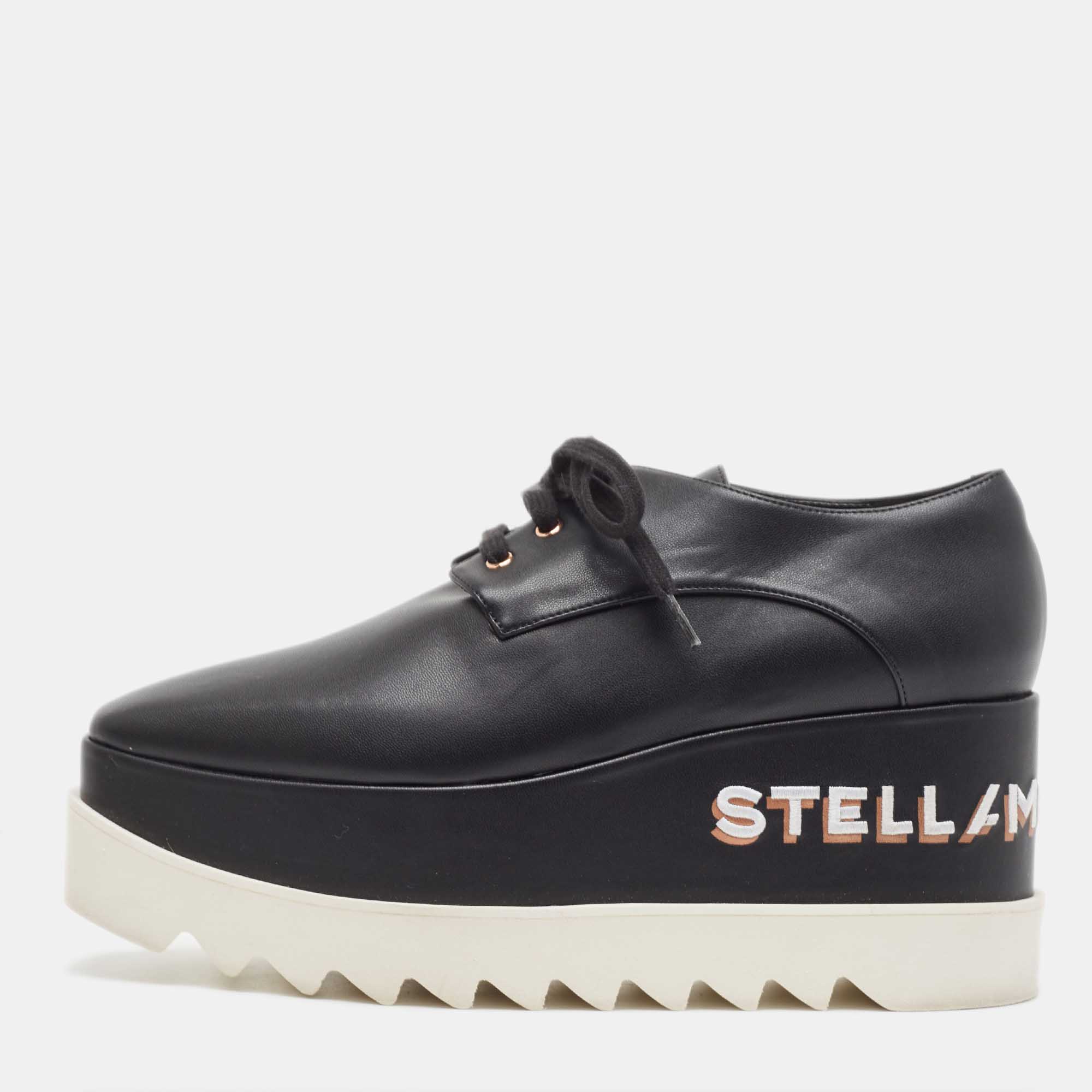 

Stella McCartney Black Faux Leather Elyse Logo Embroidered Platform Sneakers Size