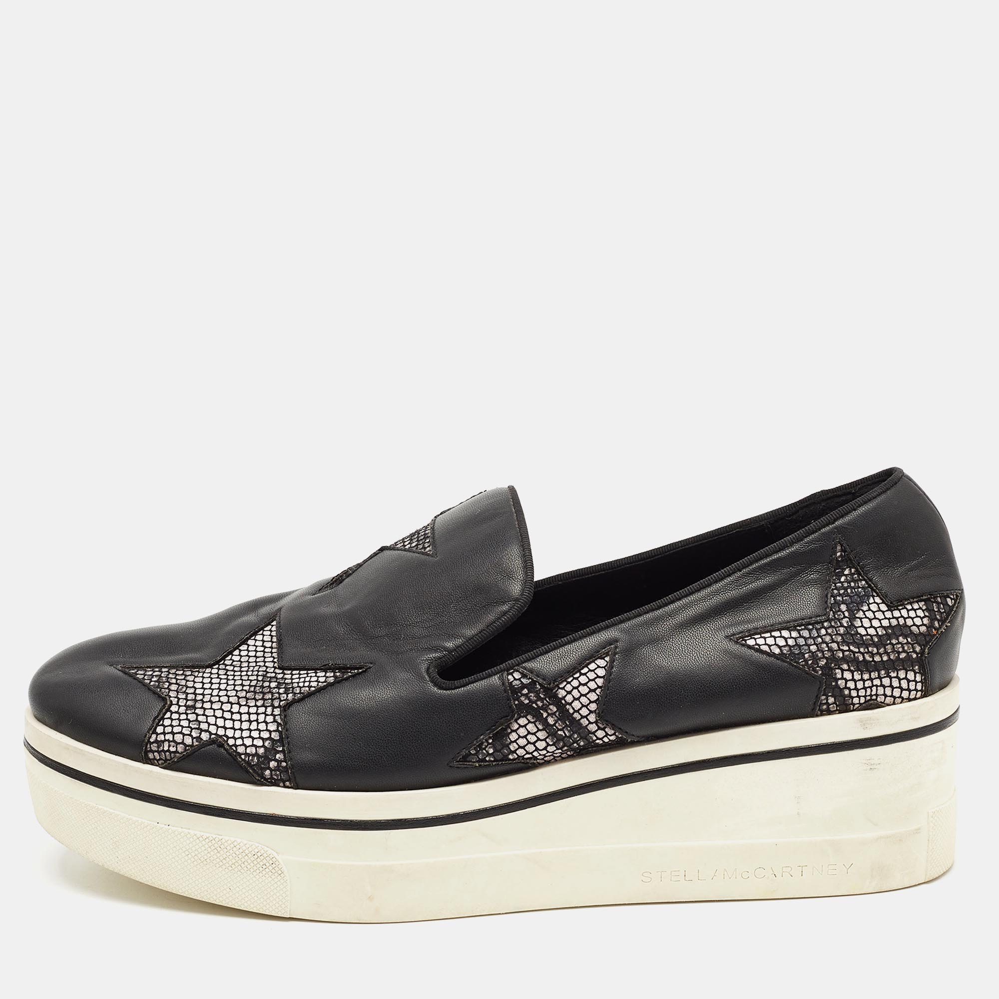 Pre-owned Stella Mccartney Black Faux Leather Binx Star Trainers Size 40