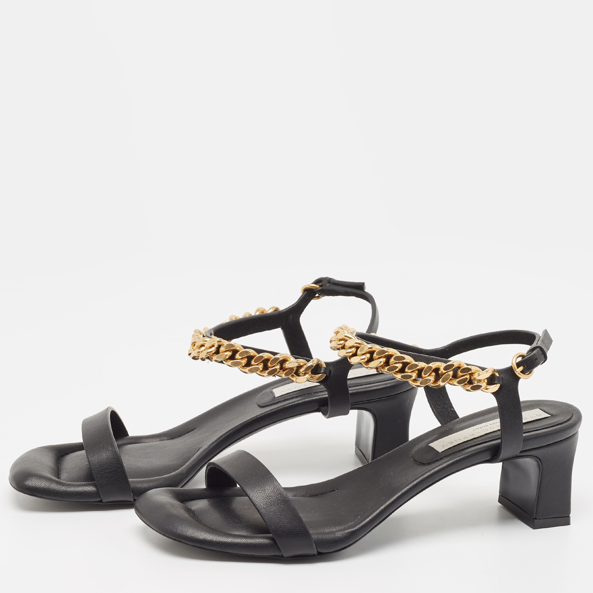 

Stella Mccartne Black Faux Leather Chain-Link Accents Ankle Strap Sandals Size