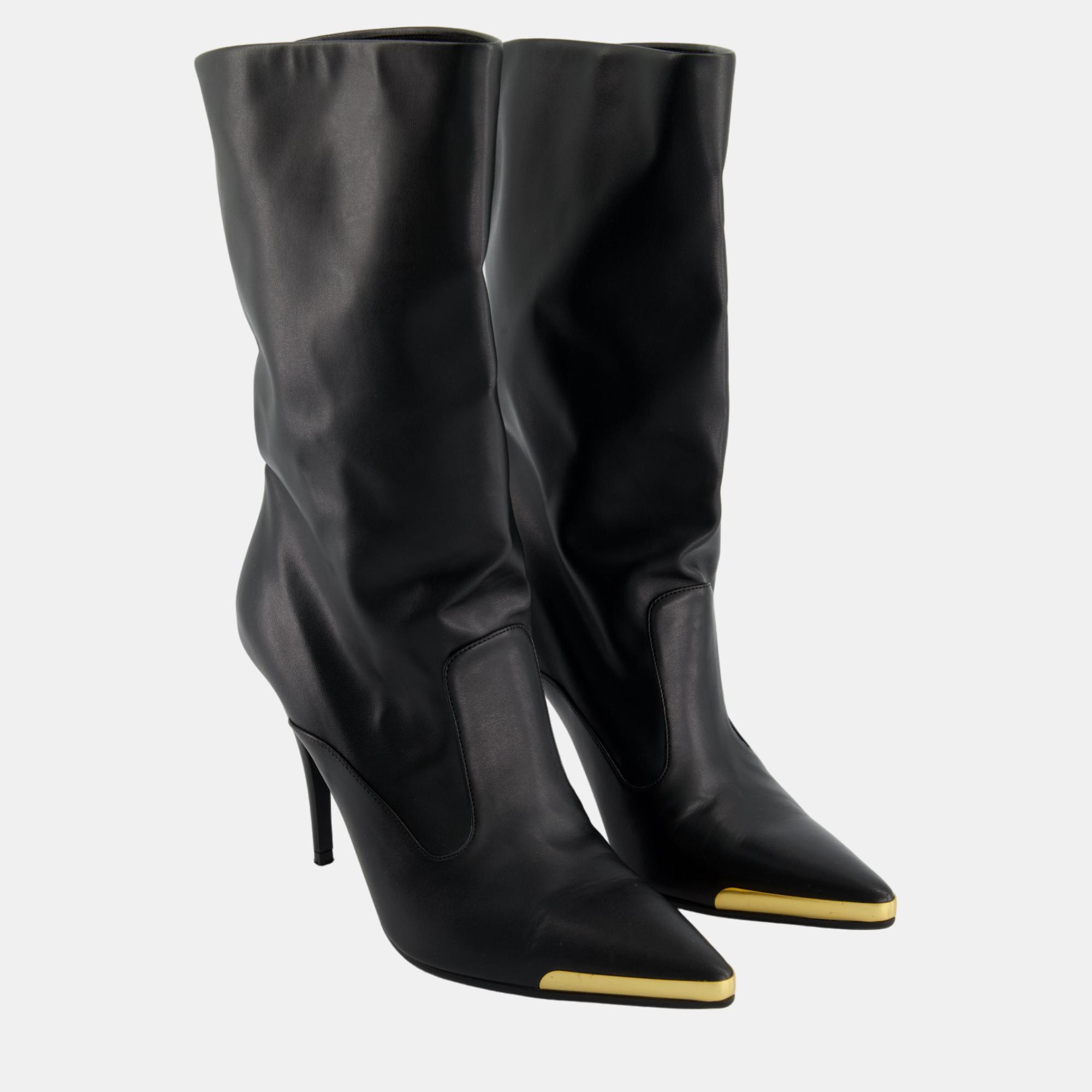 

Stella McCartney Black Pointed Leather Mid Ankle Boots and Gold Toe Details Size EU