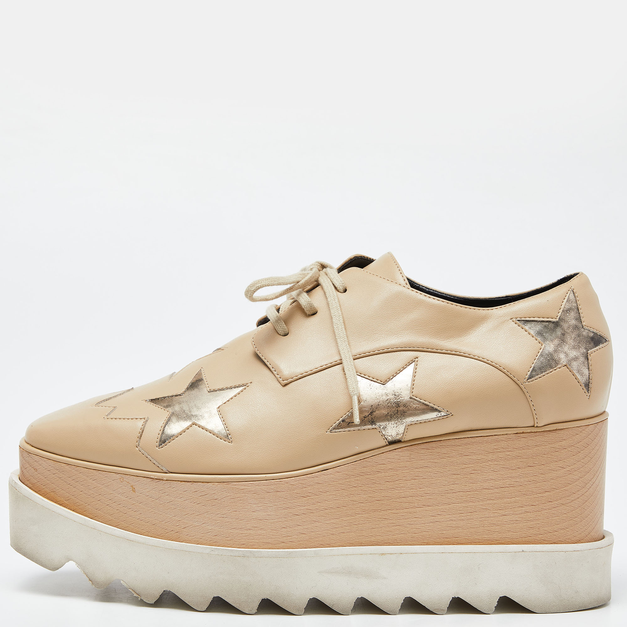 

Stella McCartney Beige Faux Leather Elyse Star Platform Sneakers Size