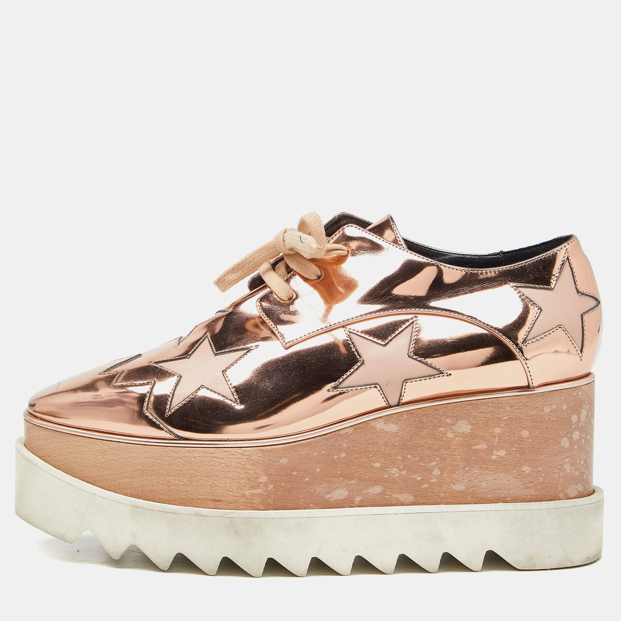 Pre-owned Stella Mccartney Metallic Rose Gold Faux Leather Elyse Platform Derby Sneakers Size 37