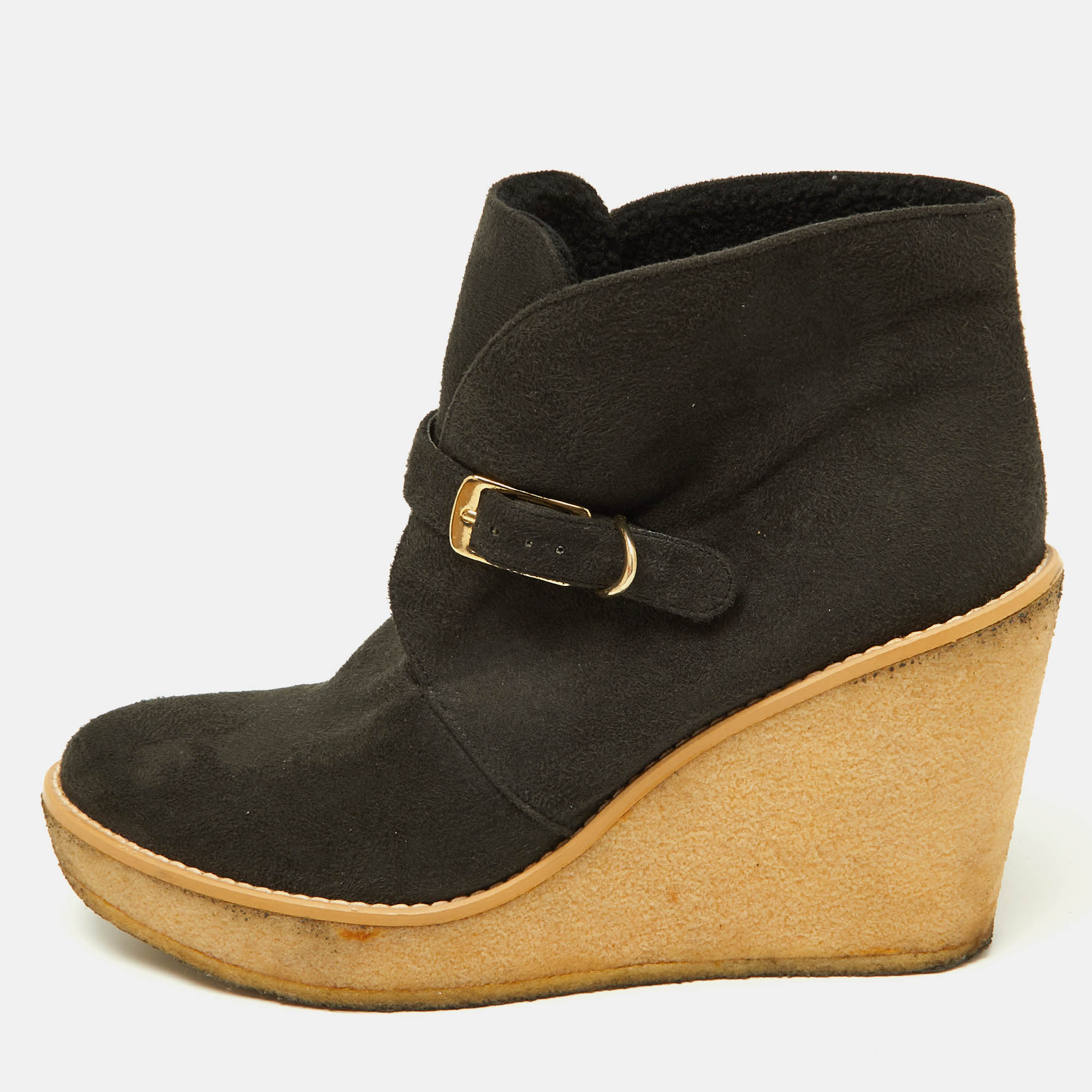 

Stella McCartney Black Faux Suede Buckle Detail Wedge Ankle Booties Size