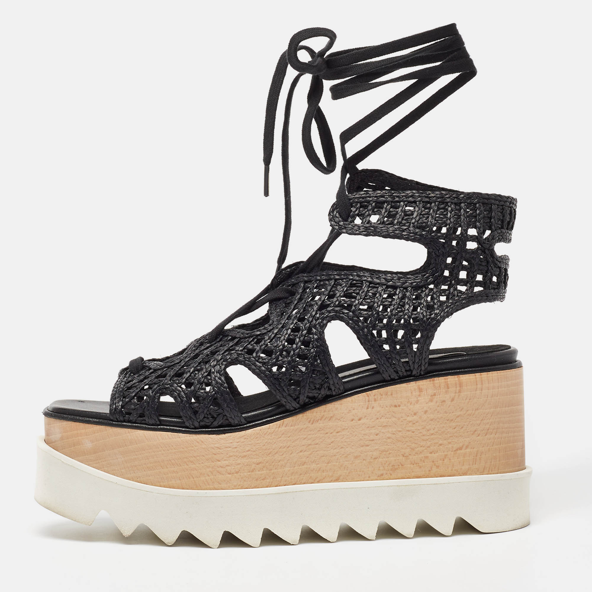 

Stella McCartney Black Raffia Elyse Platform Wedge Sandals Size 36.5