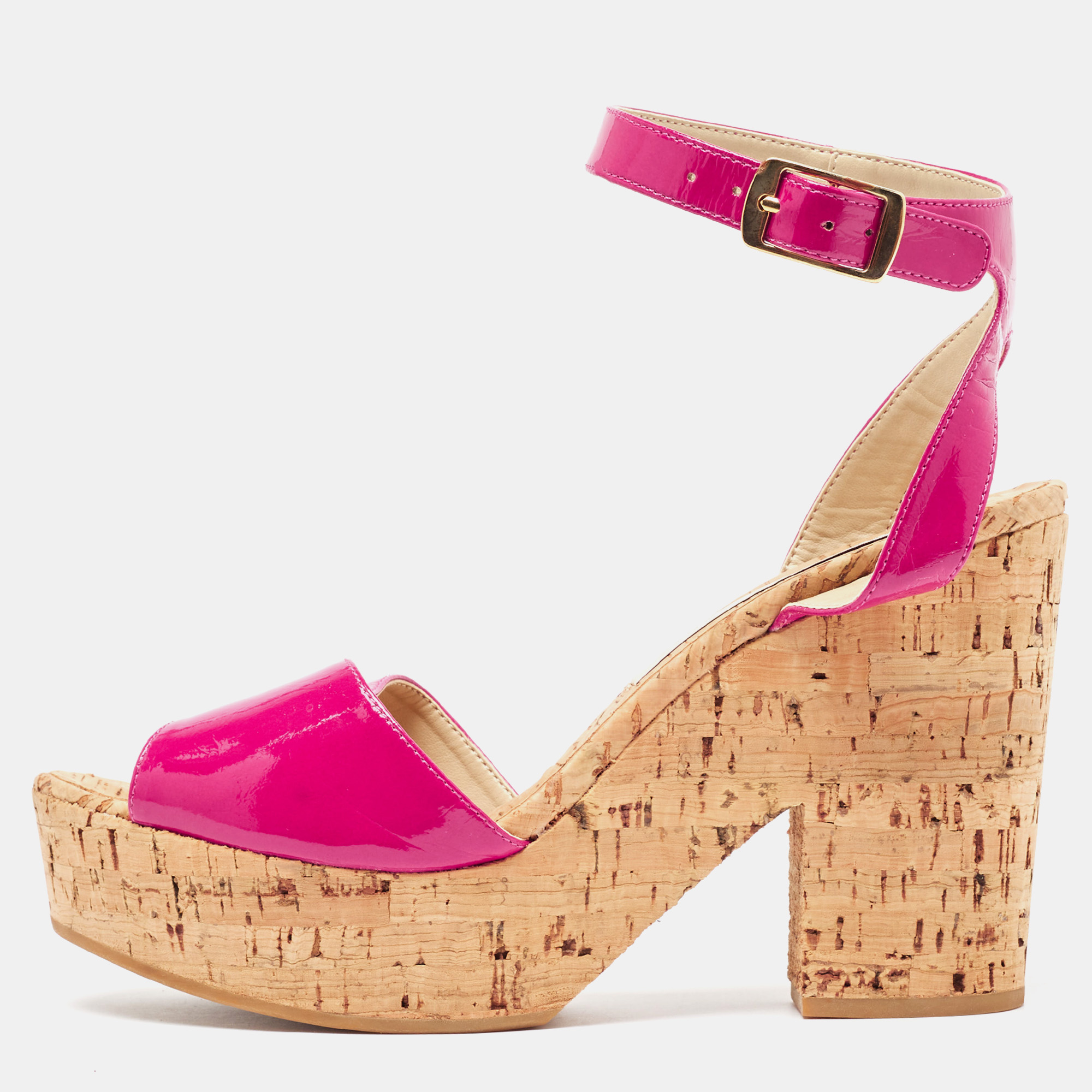 Pre-owned Stella Mccartney Pink Faux Patent And Cork Platform Ankle Strap Sandals Size 39