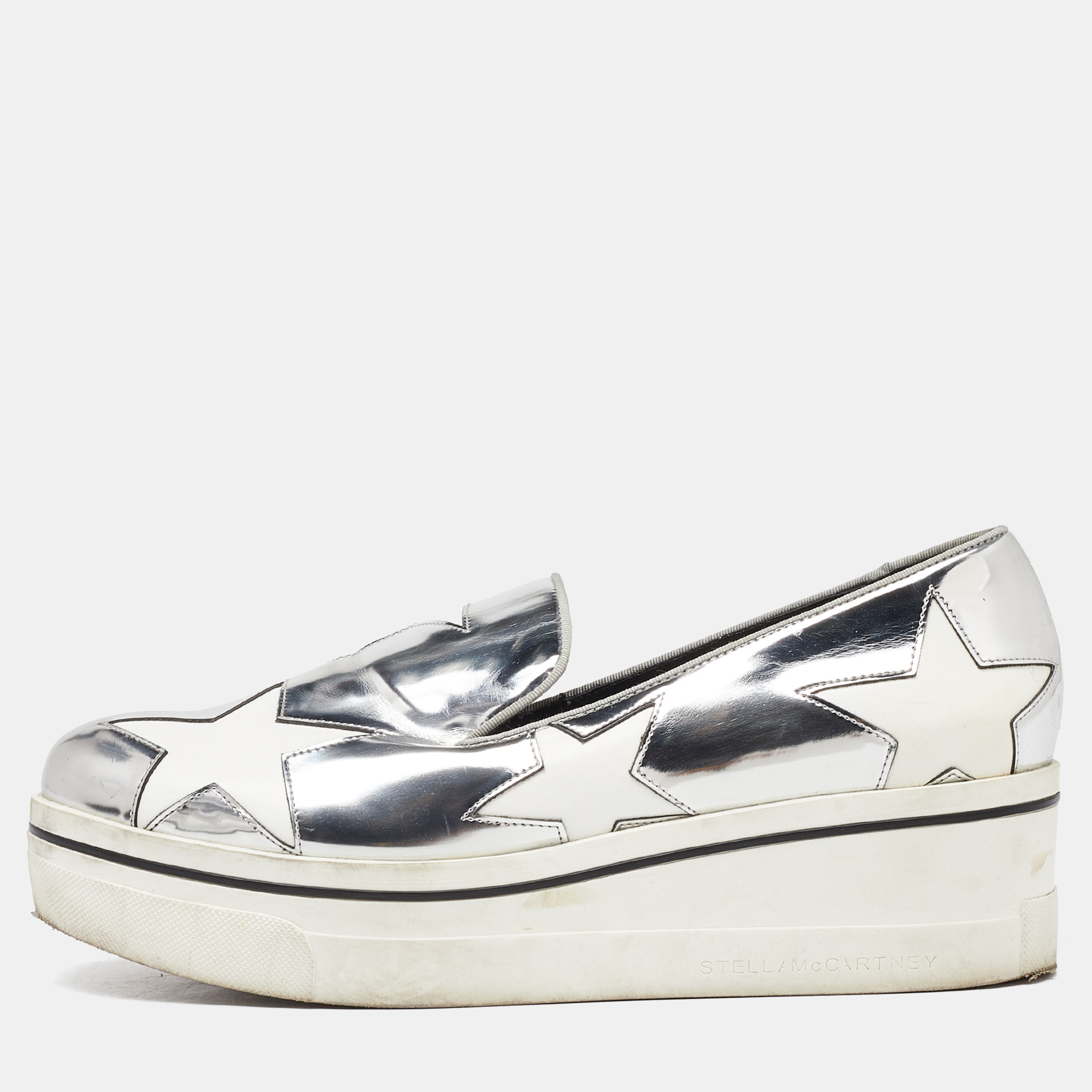 Pre-owned Stella Mccartney White/silver Faux Leather Star Platform Binx Slip On Sneakers Size 40