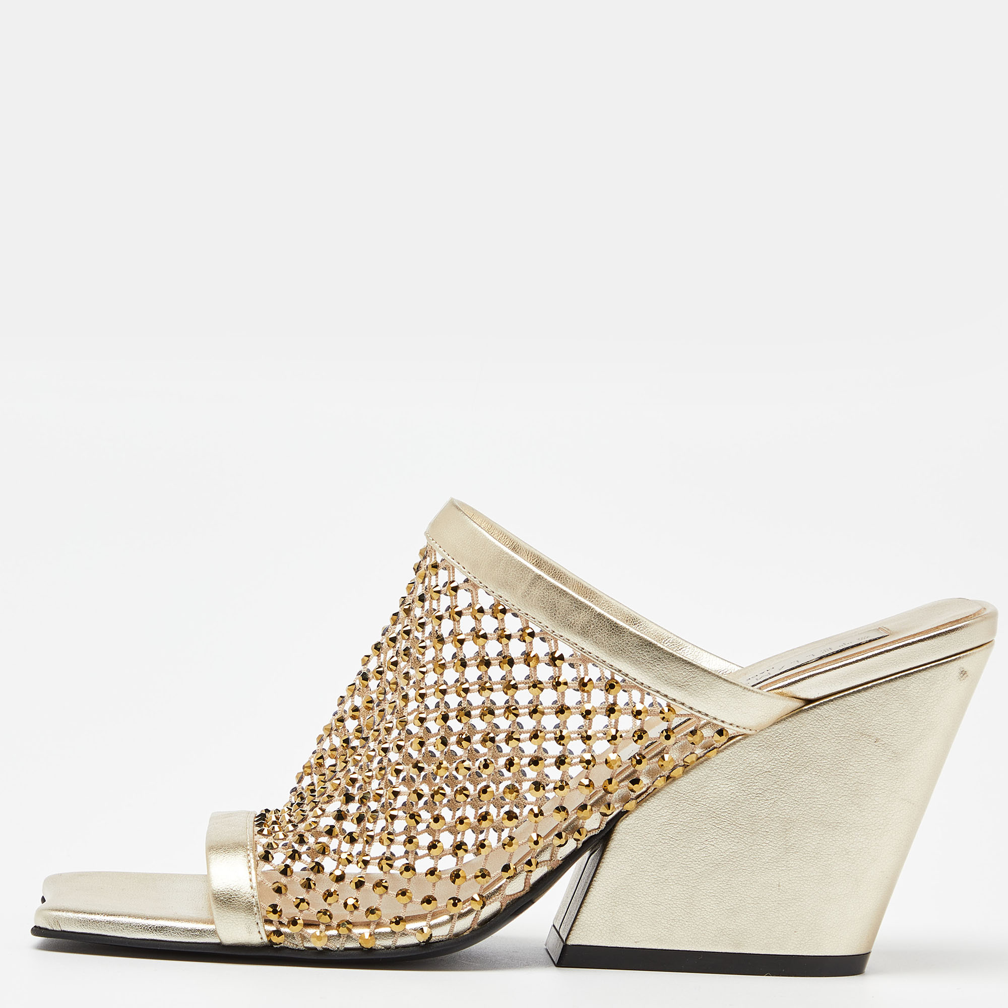 

Stella McCartney Gold Faux Leather Crystal Embellished Slide Sandals Size