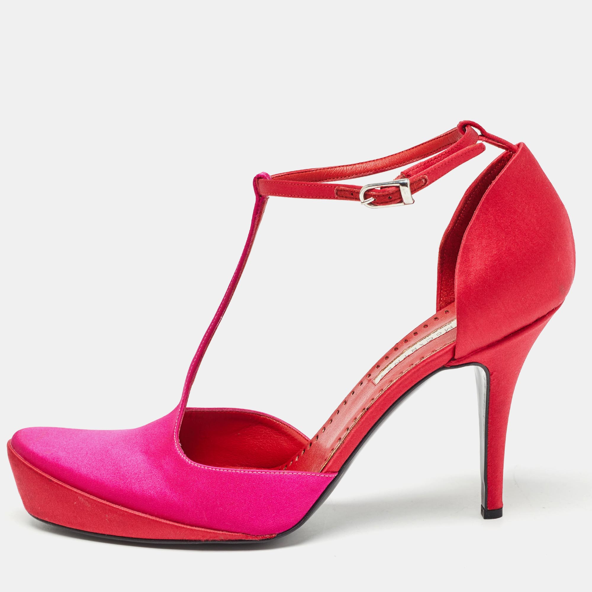 

Stella McCartney Pink/Red Satin T-Bar Ankle Strap Pumps Size