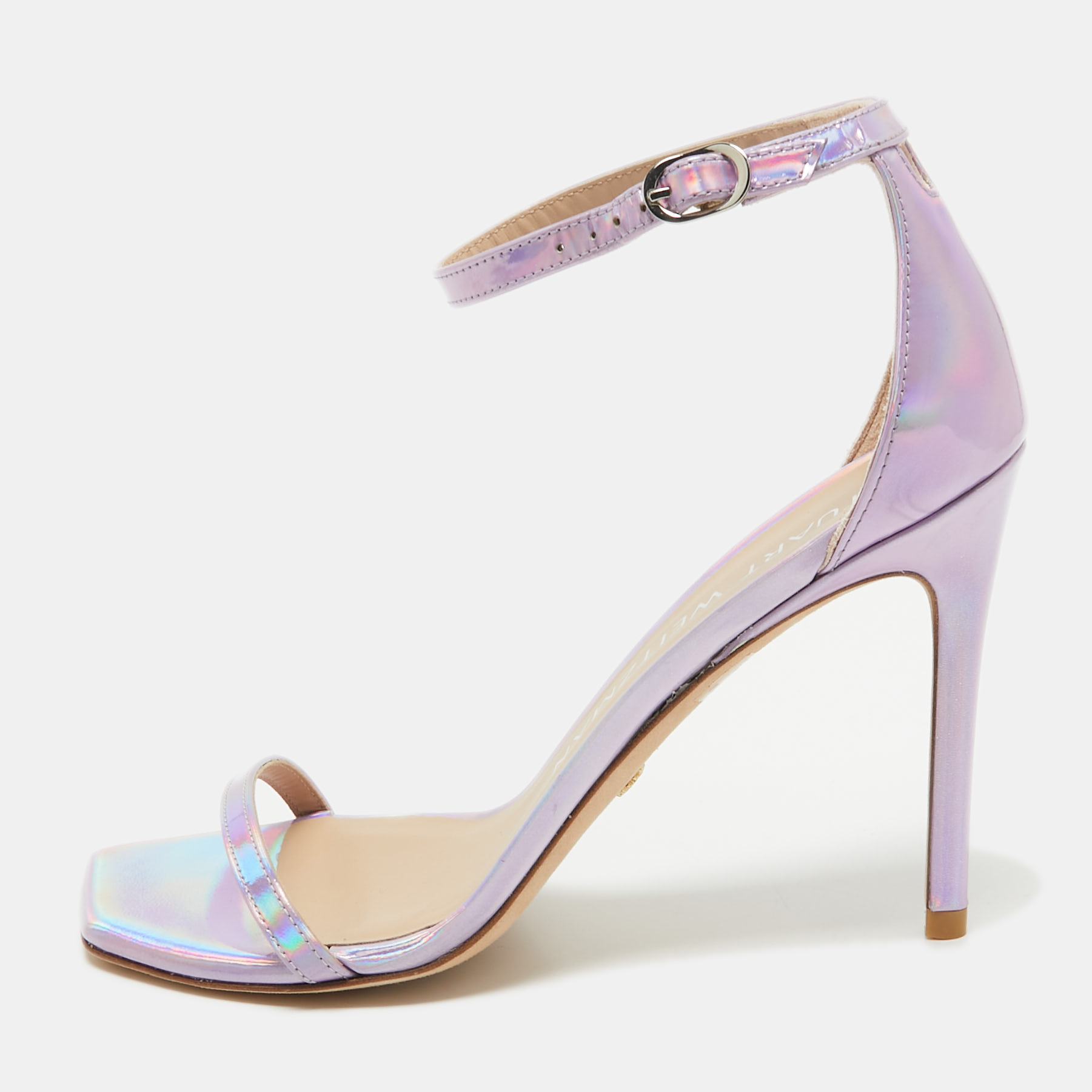 

Stuart Weitzman Purple Iridescent Leather Ankle Strap Sandals Size