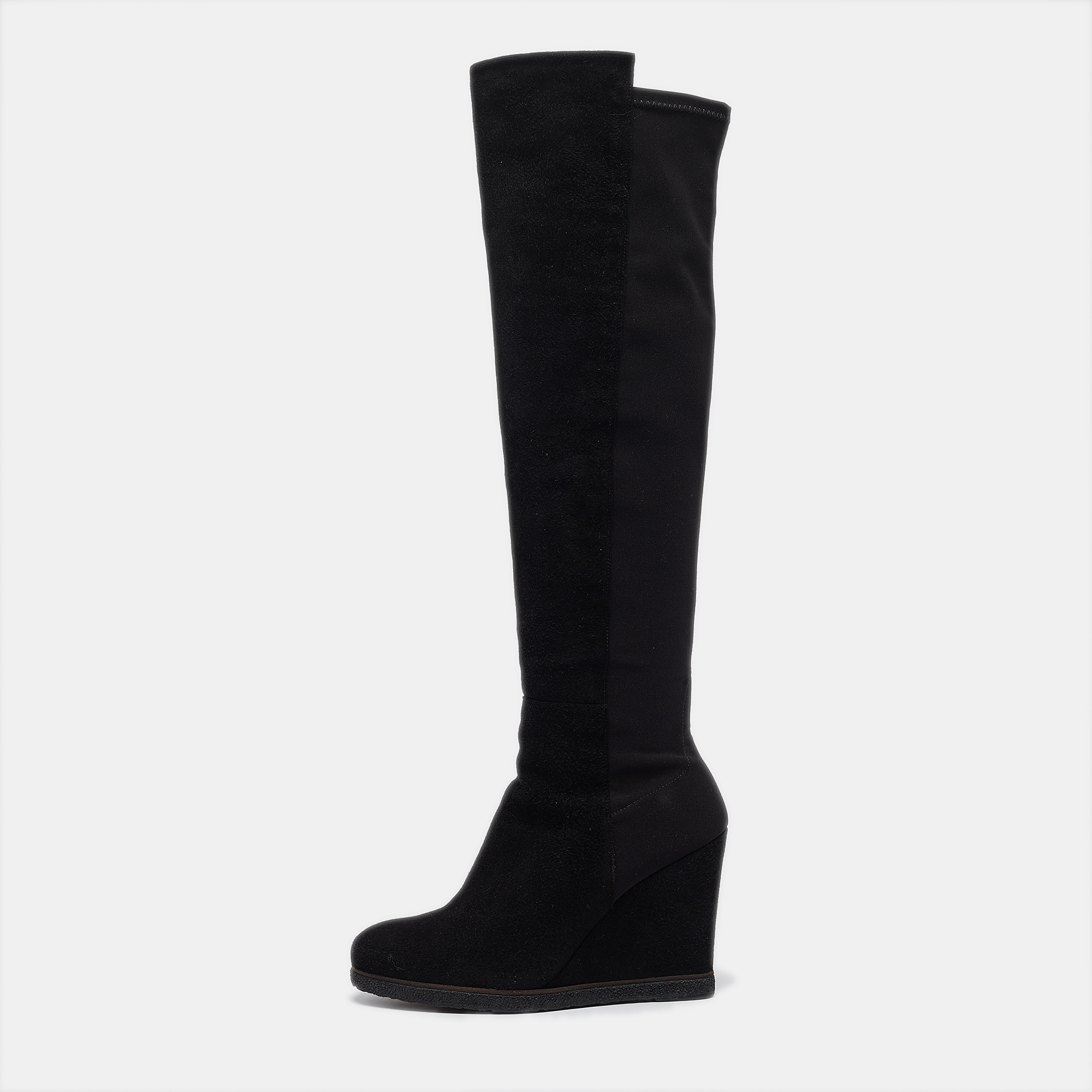 Pre-owned Stuart Weitzman Black Fabric And Suede Knee Length Boots Size 38