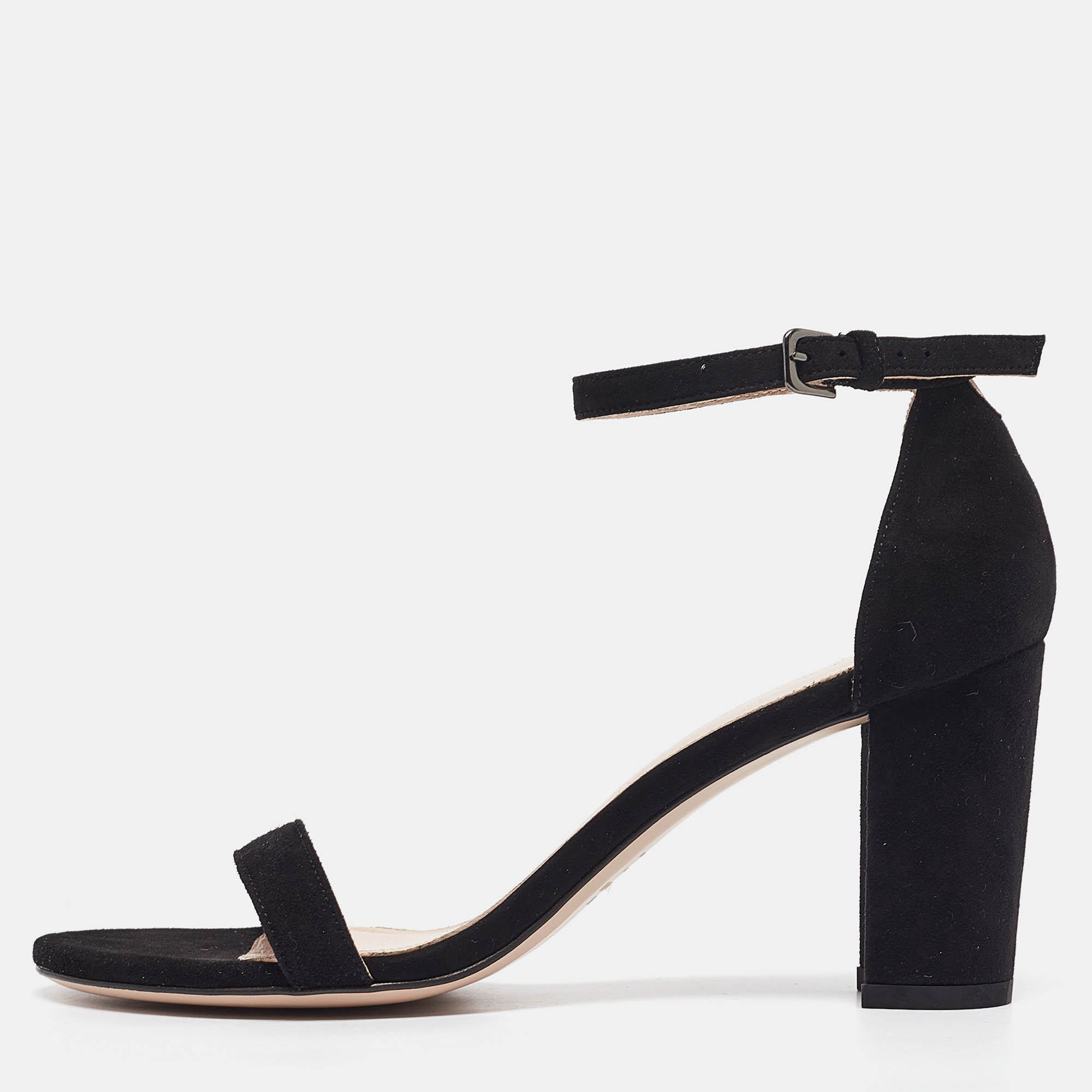 

Stuart Weitzman Black Suede Nearlynude Lucite Ankle Strap Sandals