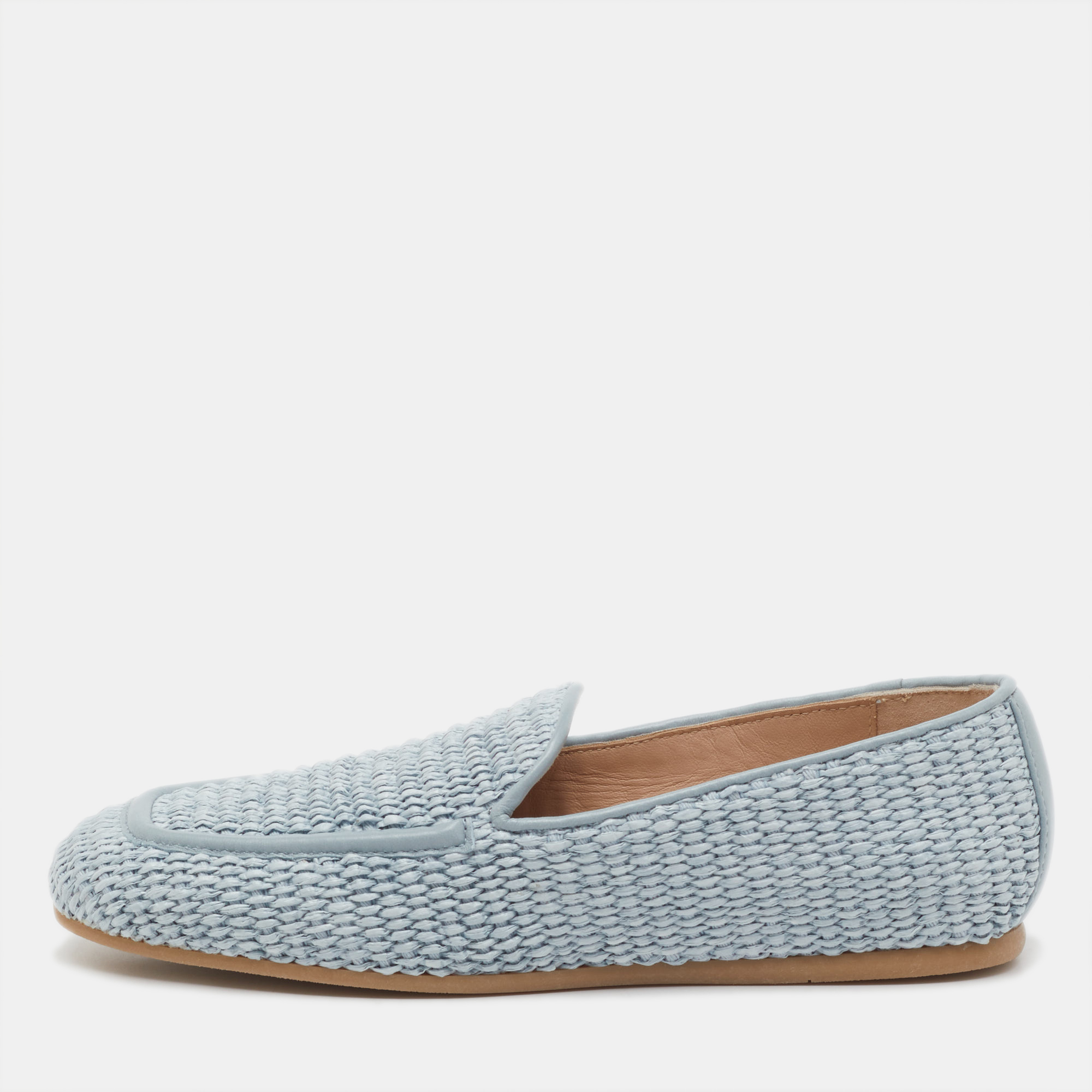Pre-owned Stuart Weitzman Blue Raffia And Leather Smoking Slippers Size 37