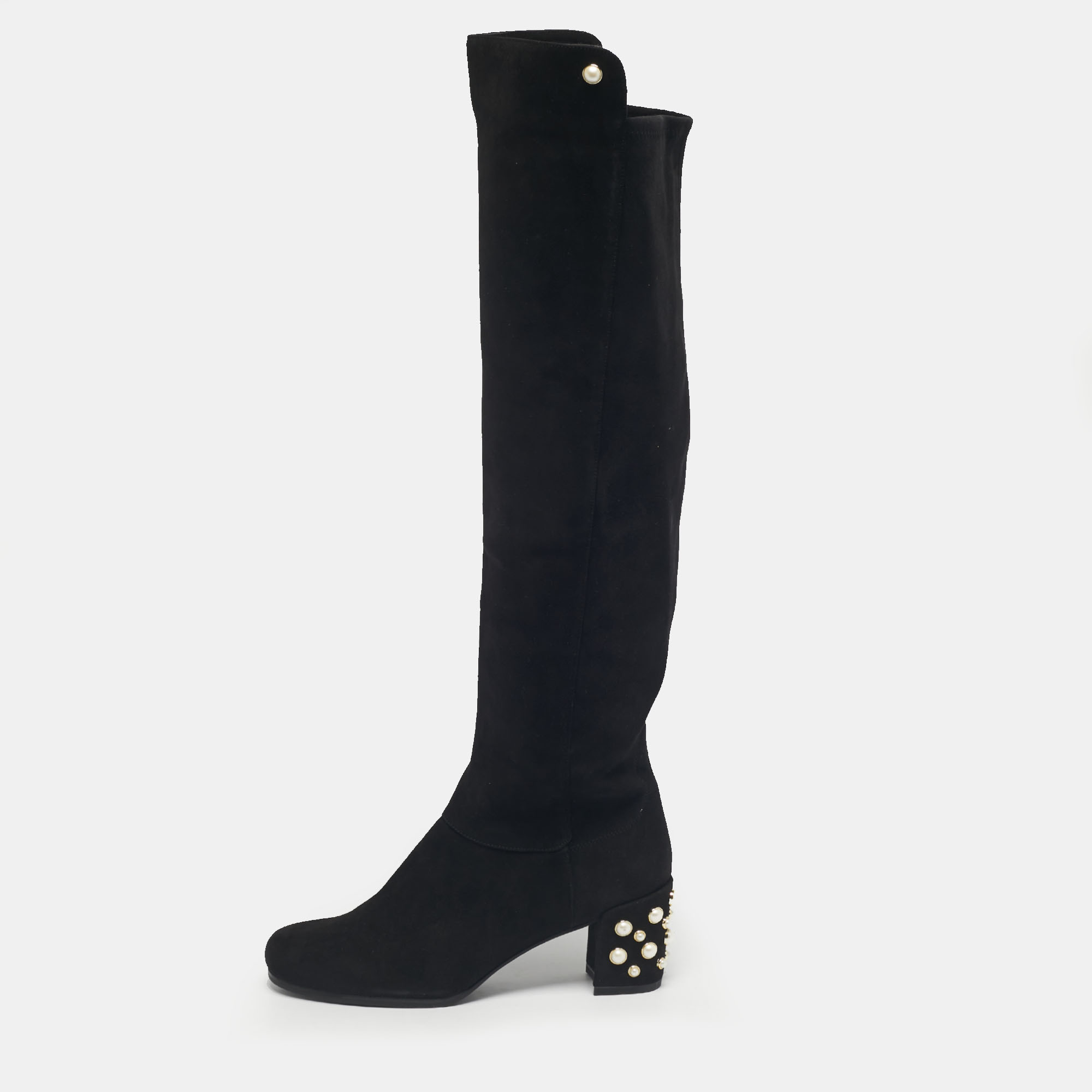 Pre-owned Stuart Weitzman Black Suede Pearl Studded Knee Length Boots Size 39